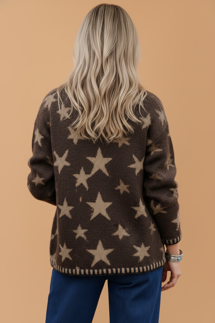 Star Stripe Trim Long Sleeve Open Front Cardigan