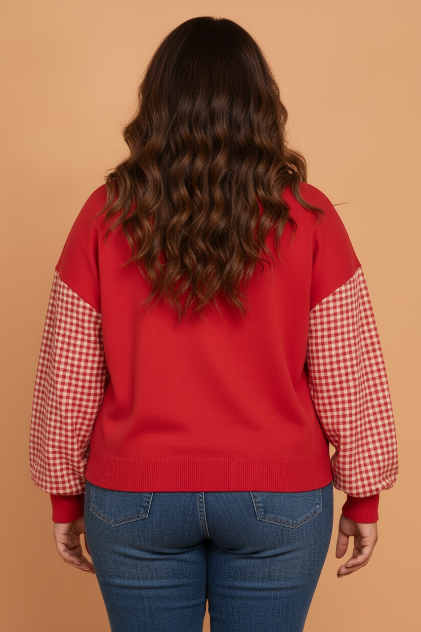 Plus Size Gingham Patchwork Long Sleeve Sweatshirt
