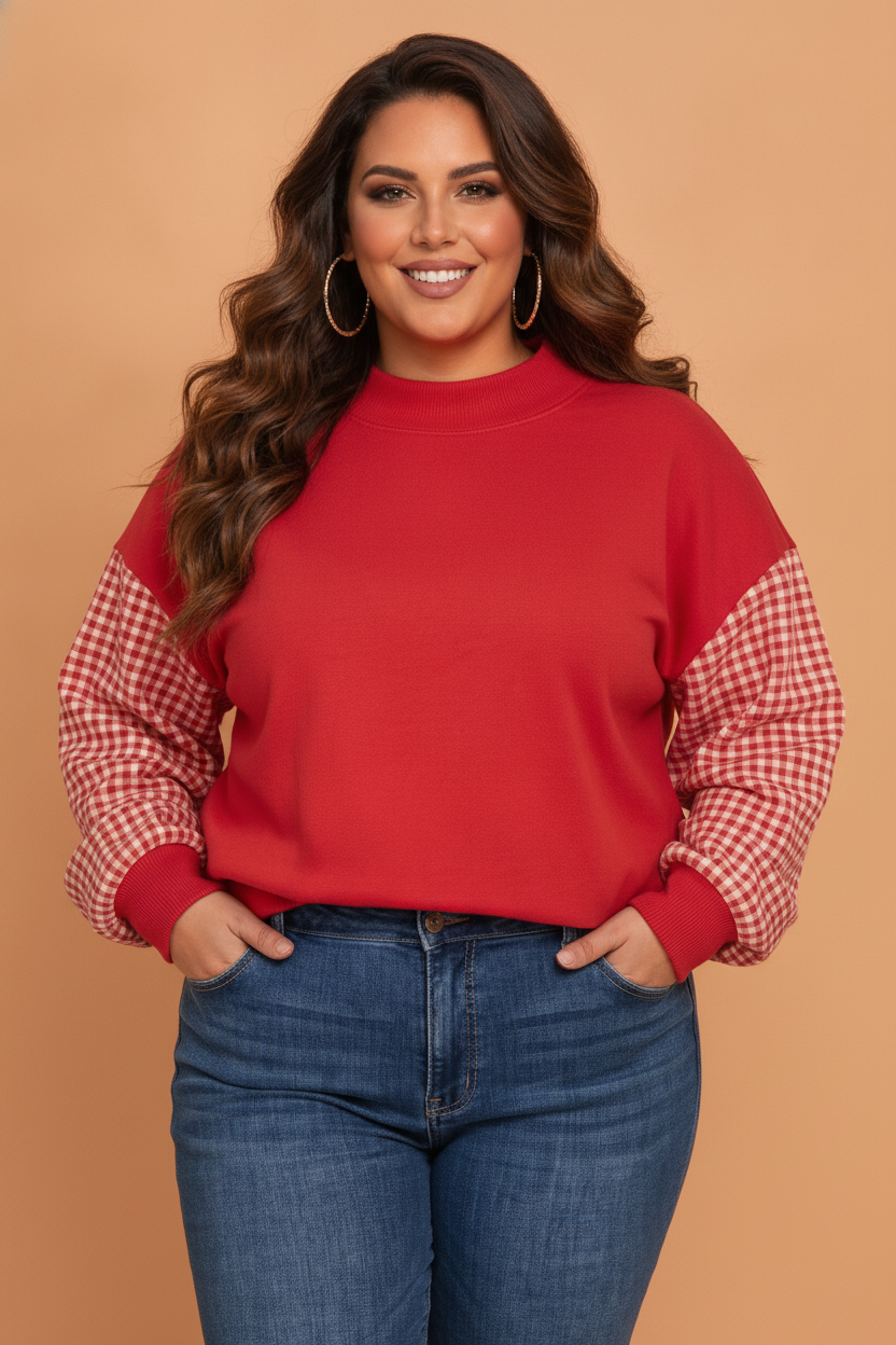 Plus Size Gingham Patchwork Long Sleeve Sweatshirt