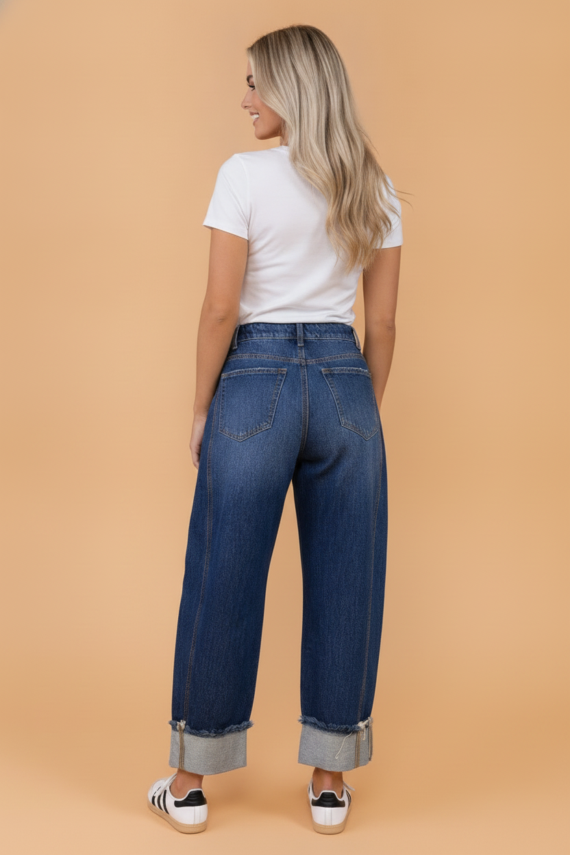 Solid Denim Folded Raw Hem High Waist Jeans