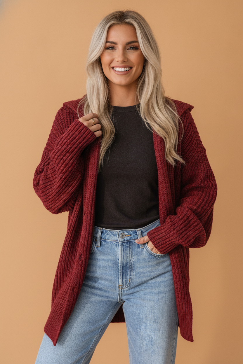 Solid Oversized Button Front Sweater Knit Cardigan