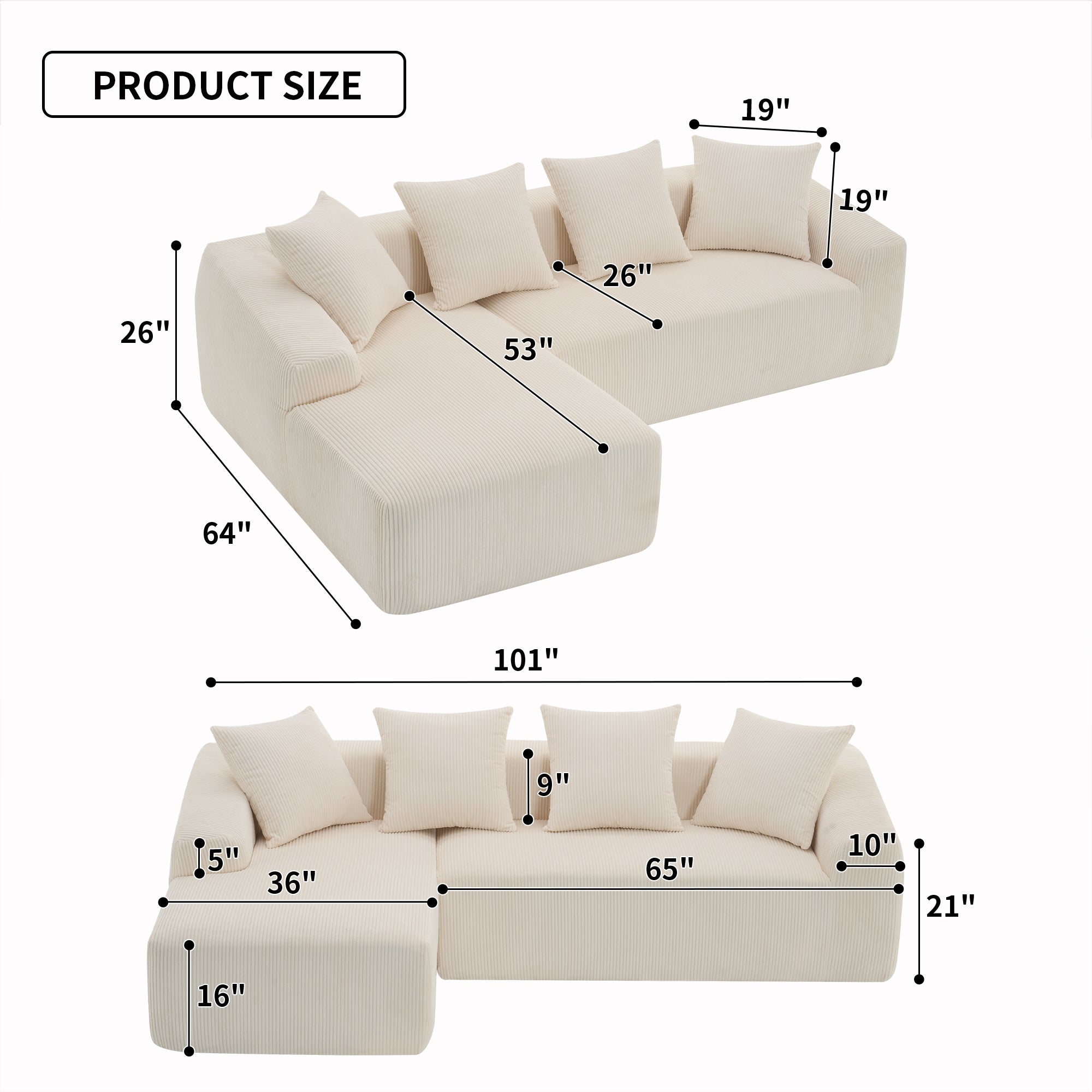 LY-023 WHITE COMPRESSION SOFA: Combining chaise longue with 3-seater, Corduroy Fabric, full sponge compression sofa,combined sofa with 4 pillows for living/ Home Furniture/ Apartment