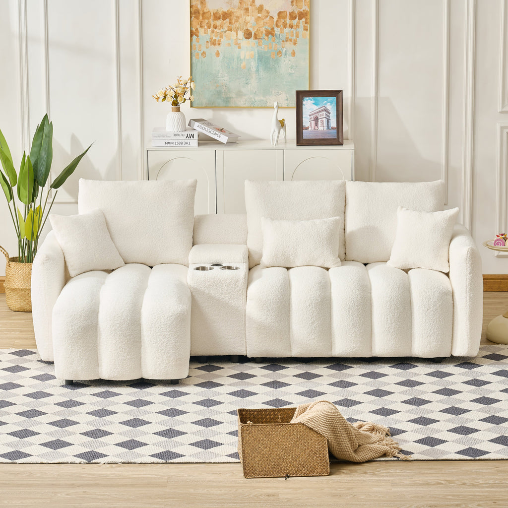 92-inch high-quality teddy fur fabric corner sofa, with USB port, center console and coffee table. A super large cushioned sofa, suitable for grand living rooms, apartments and offices.
