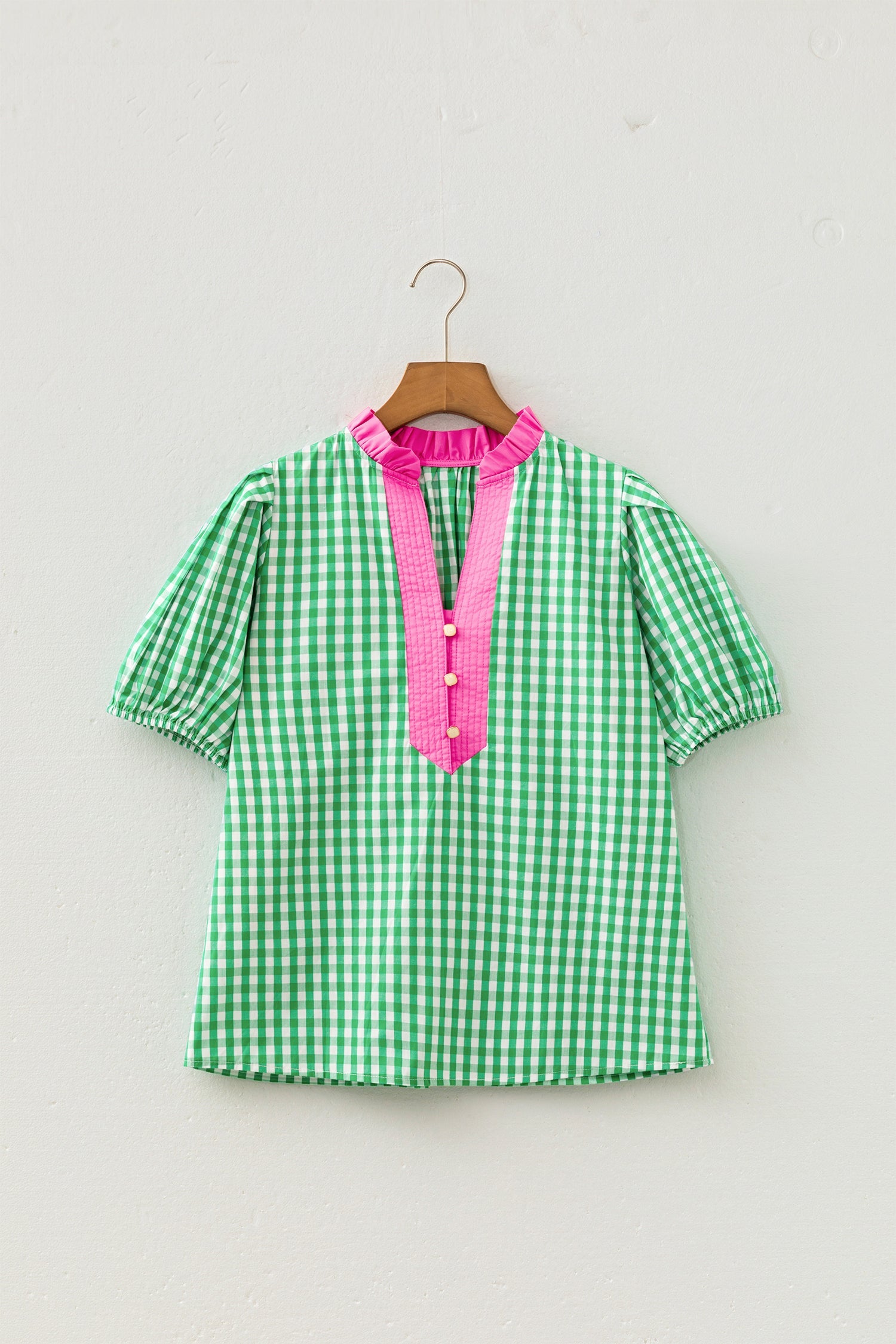 Gingham Bubble Sleeve Colorblock Trim V-Neck Blouse