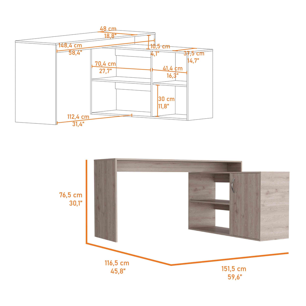 Antlia L-Shaped Writing Desk, Two Shelves, Single Door Cabinet