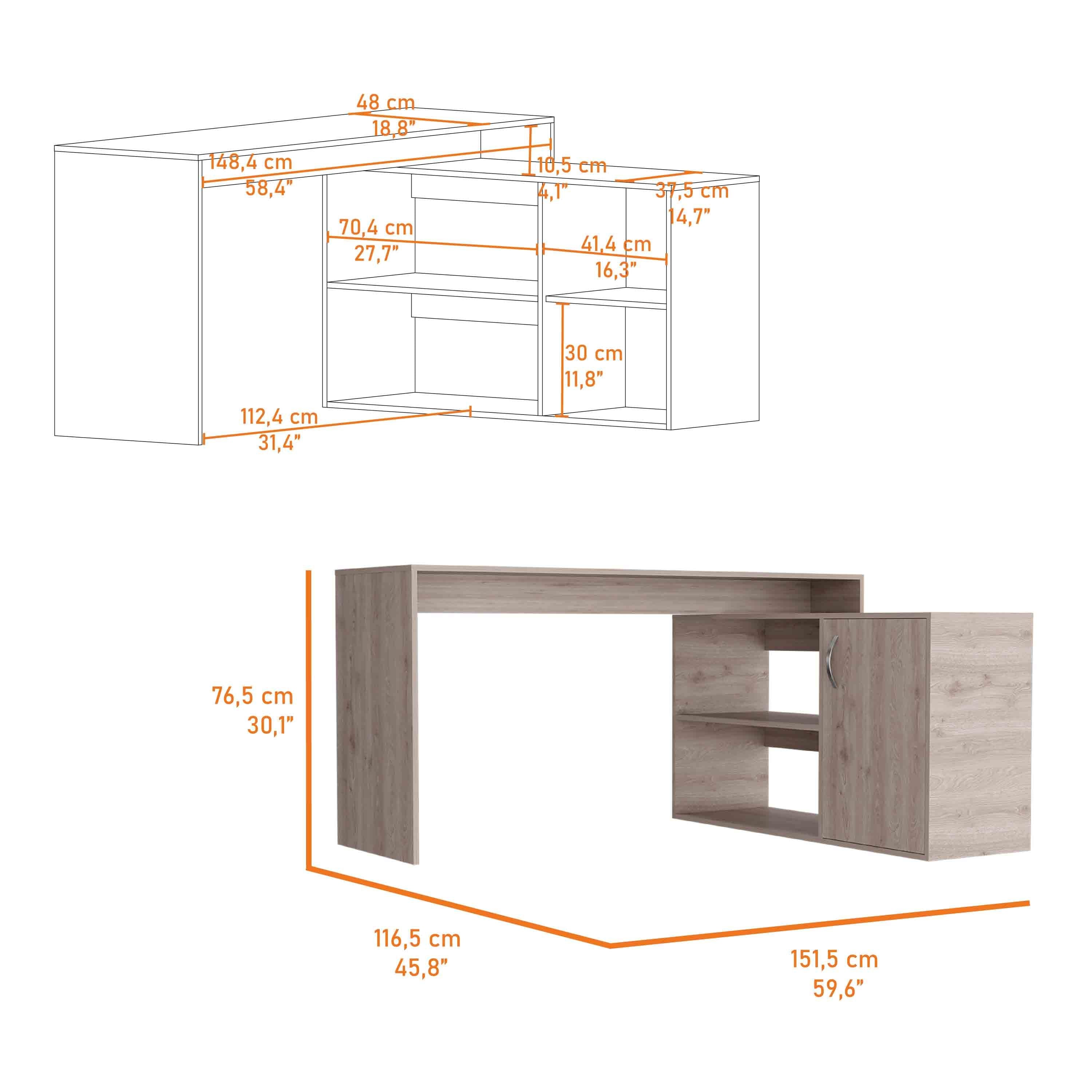 Antlia L-Shaped Writing Desk, Two Shelves, Single Door Cabinet