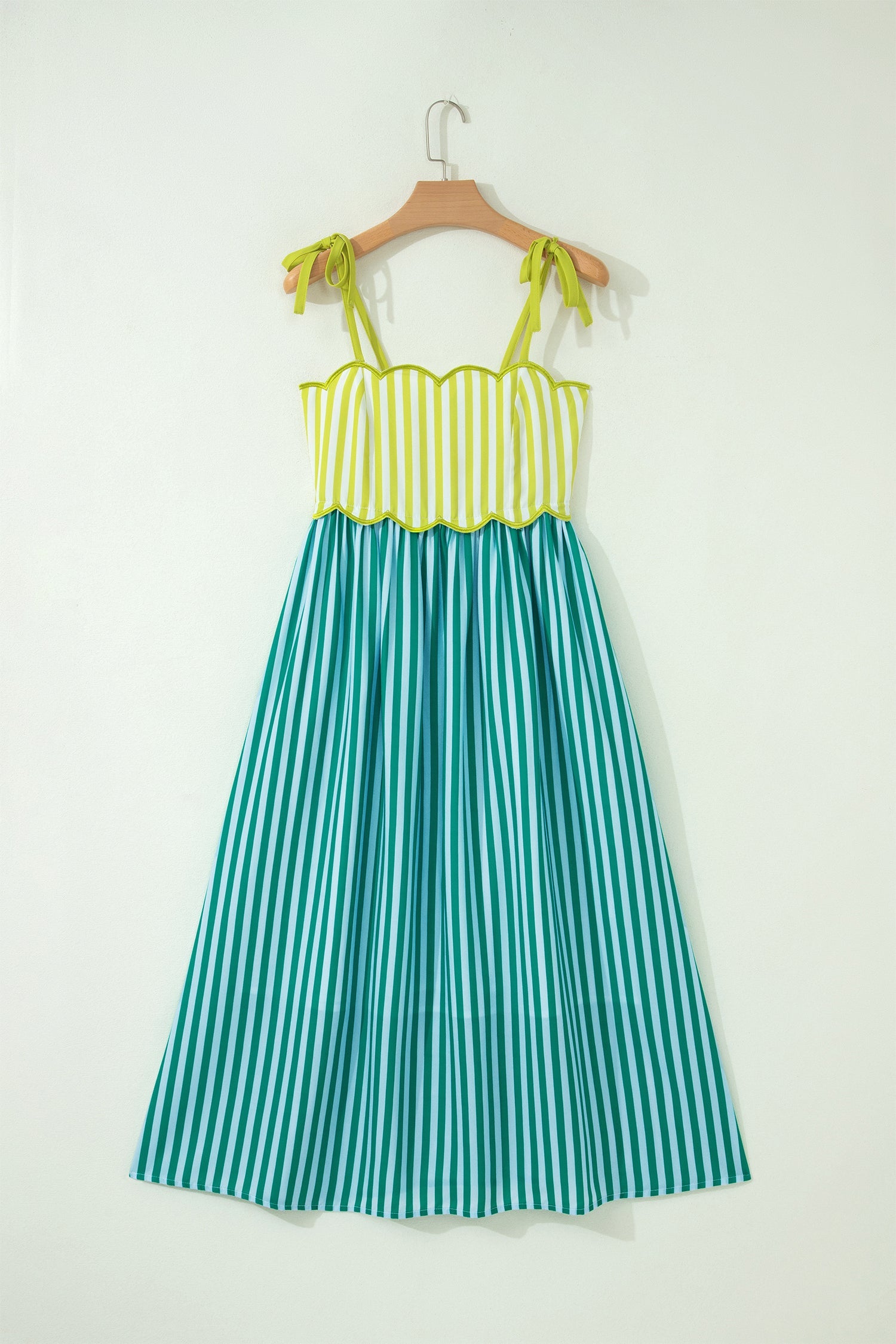 Stripe Scalloped Contrast Patchwork Knot Strap Midi Dress
