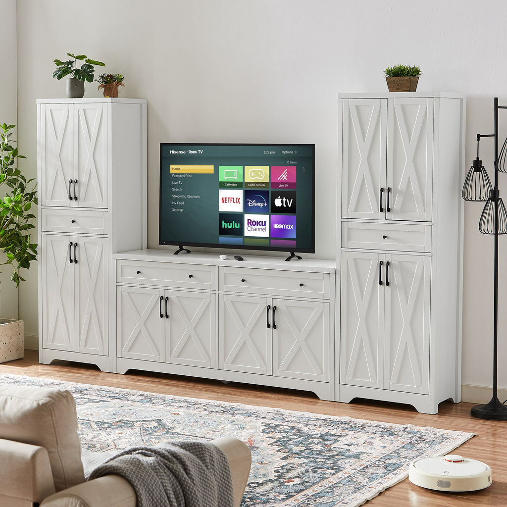 TV Cabinet Set Multifunctional TV Wall, One TV Cabinet and Two Sideboards for Living Room, White,  108.7''L x 15''W x 68''H.