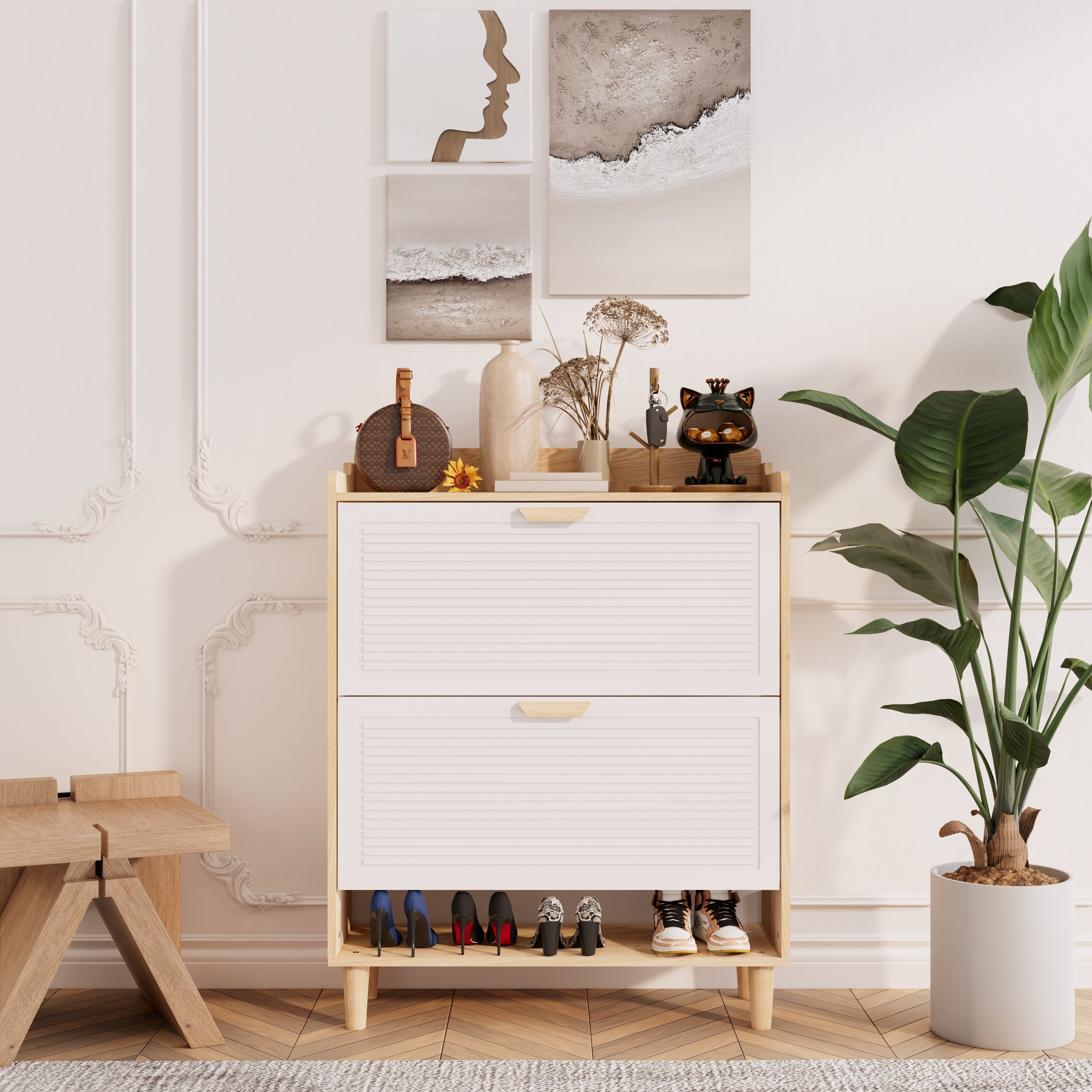 31.5 Inch Nordic Style Shoe Storage Cabinet with 2 Flip Drawers, Freestanding Organizer with Solid Wood Legs for Entryway, Narrow Shoe Rack Cabinet (White and Solid Wood Color Matched)