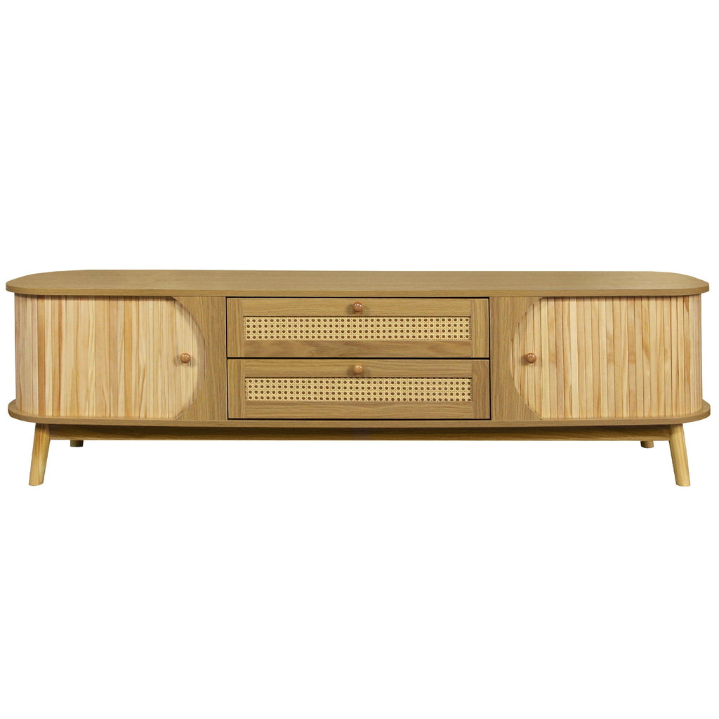 Rattan TV Stand for TVs up to 75'', Modern Farmhouse Media Console, Entertainment Center with Solid Wood Legs, TV Cabinet for Living Room,Home Theatre