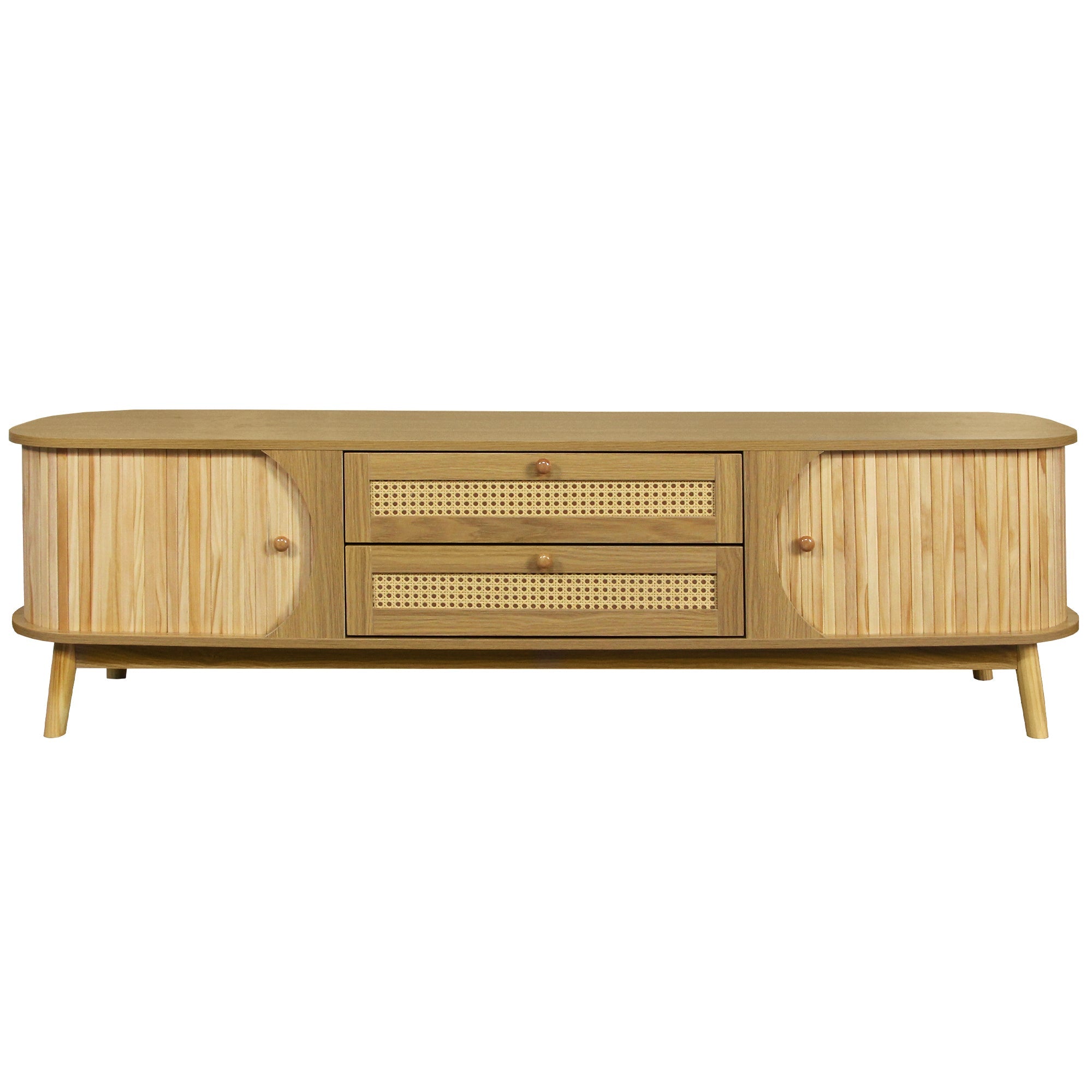 Rattan TV Stand for TVs up to 75'', Modern Farmhouse Media Console, Entertainment Center with Solid Wood Legs, TV Cabinet for Living Room,Home Theatre