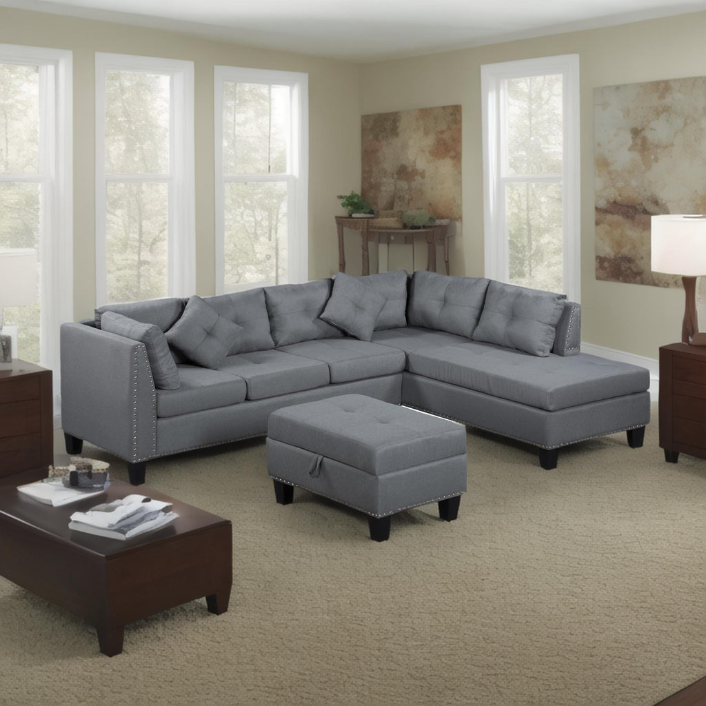 104.5' Upholstered Sofa,Chaise & Ottoman , Gray