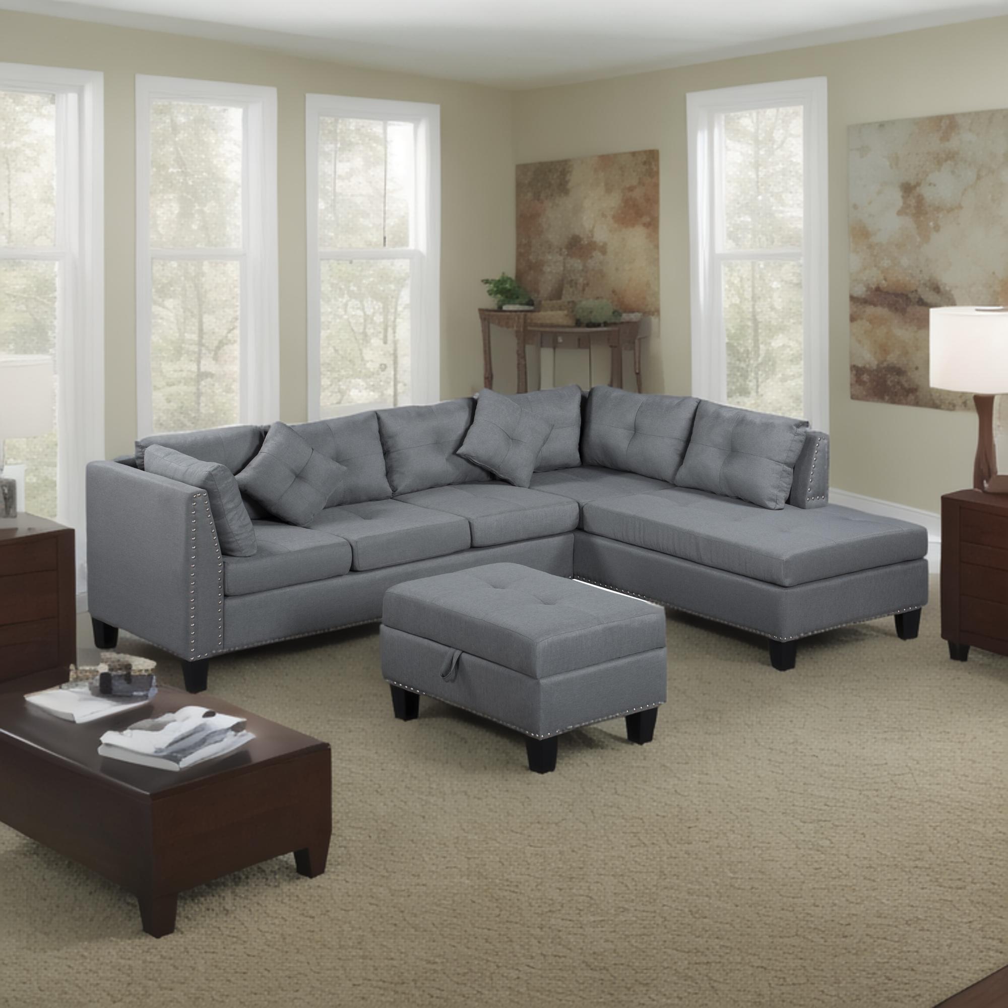 104.5' Upholstered Sofa,Chaise & Ottoman , Gray