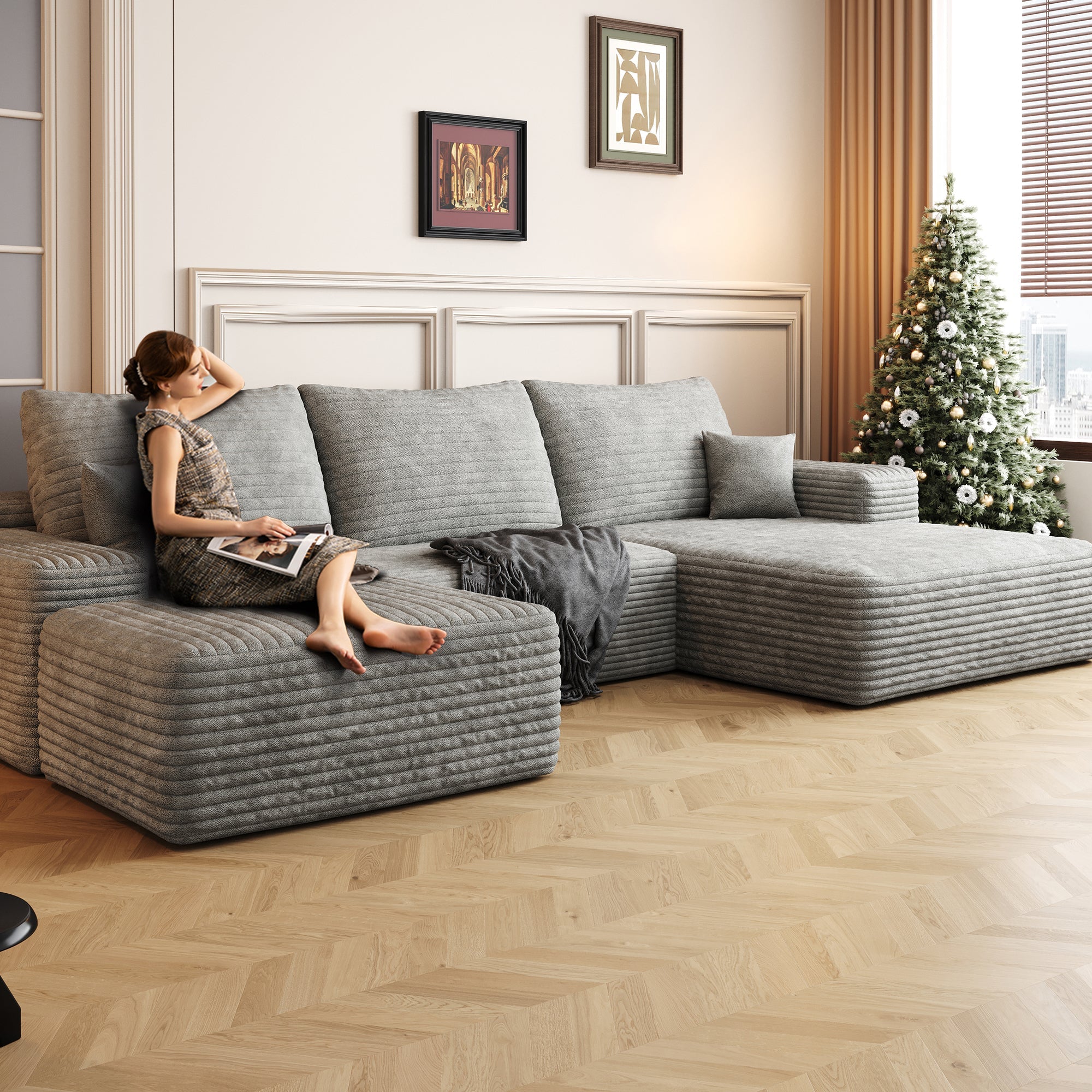 107' Cloud Sectional Sofa with 1 Ottoman,Modern Minimalist Upholstered Couches, Comfort U Shaped Sofa for Living Room,Deep Seat Corner Couch,No Assembly Required,Grey(Plush Corduroy Fabric)