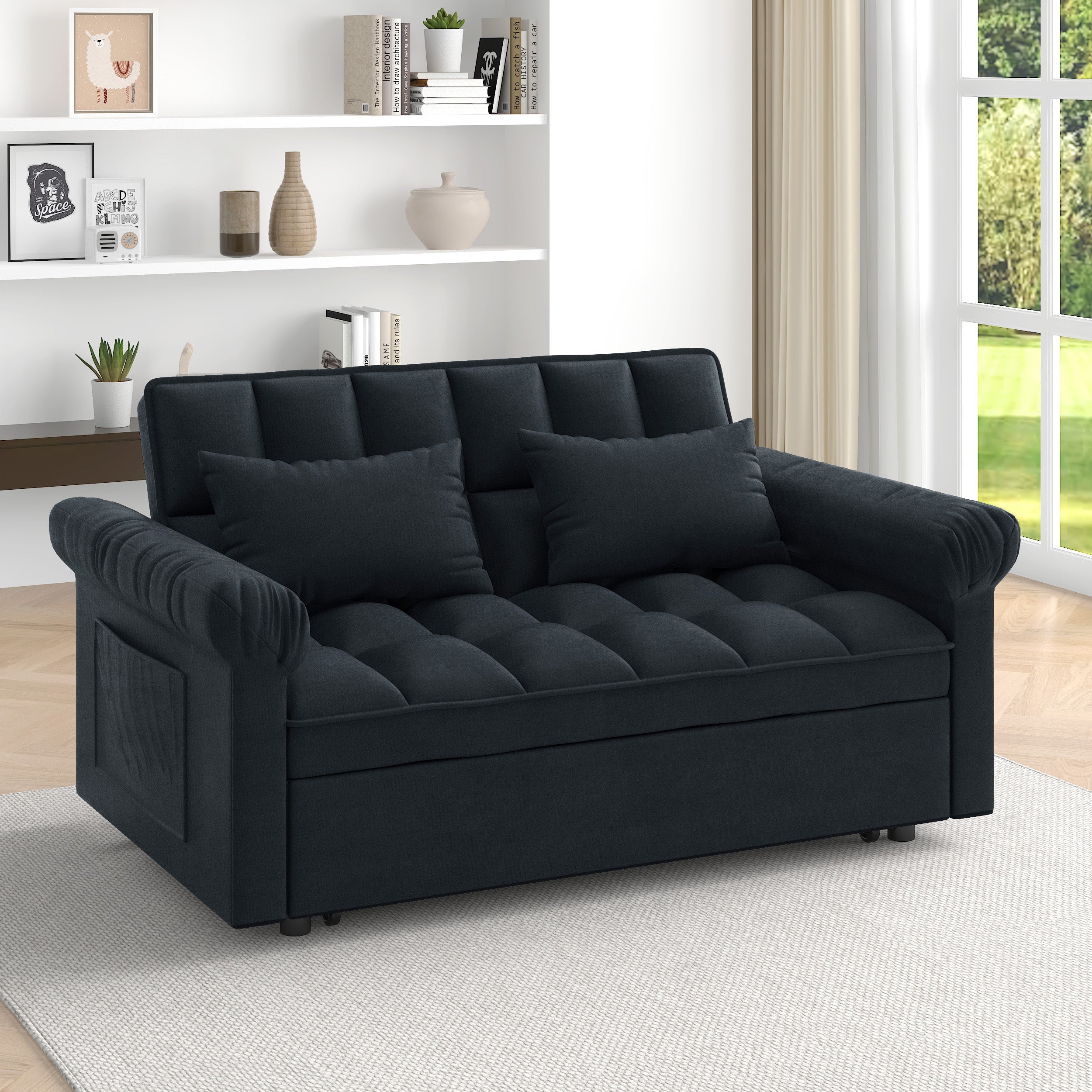 Loveseats Sofa Bed with Pull-out Bed,Adjsutable Back-Black