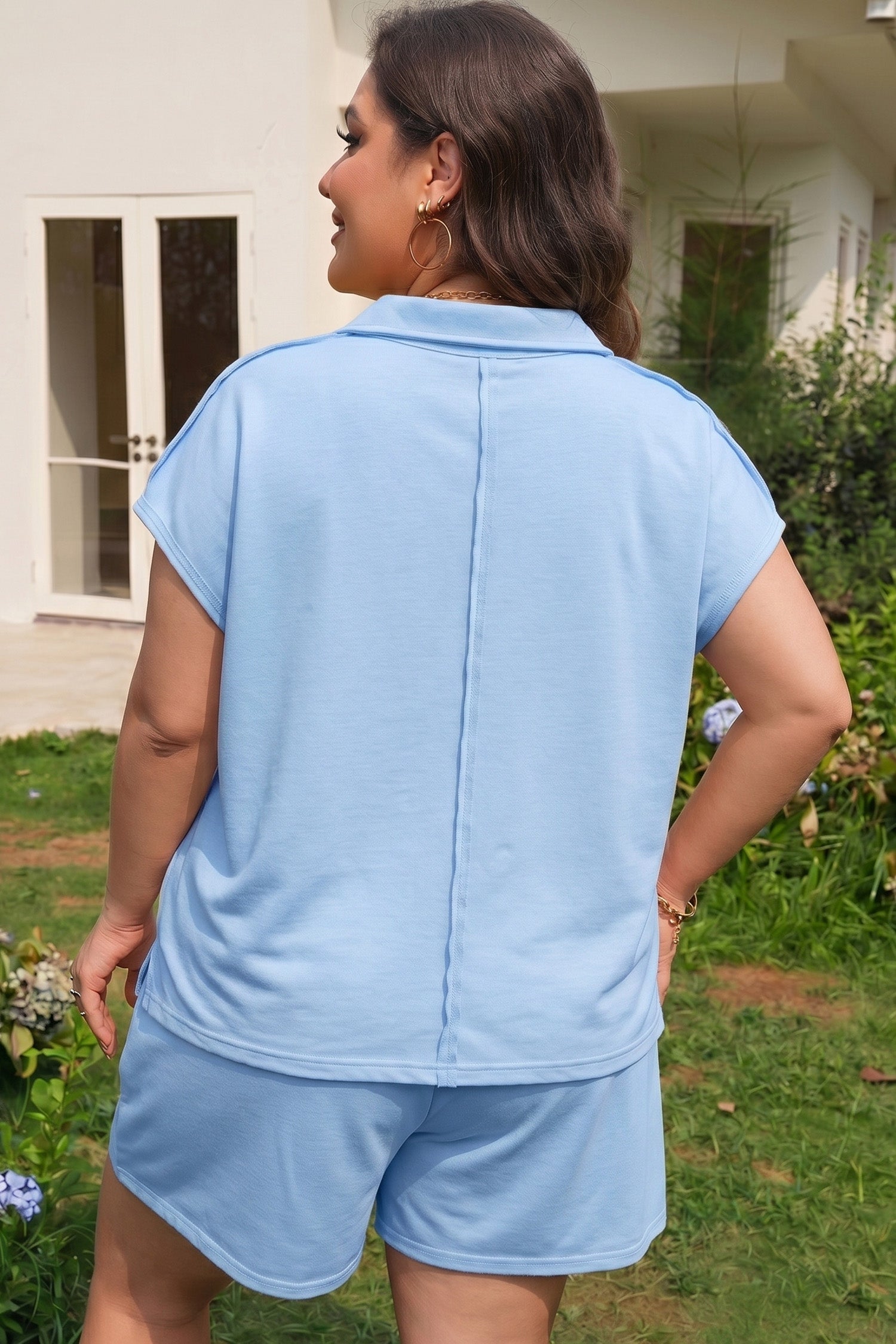 Plus Size Solid Polo Tee & Elastic Waist Shorts