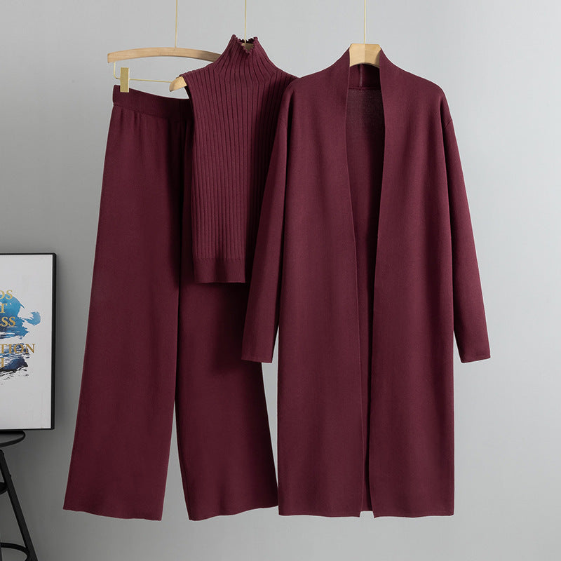 3pcs Suits Women Fashion Knitting Sleeveless Vest Sweater Long Cardigan And Wide-leg Pants Three-piece Set (See size chart where applicable)