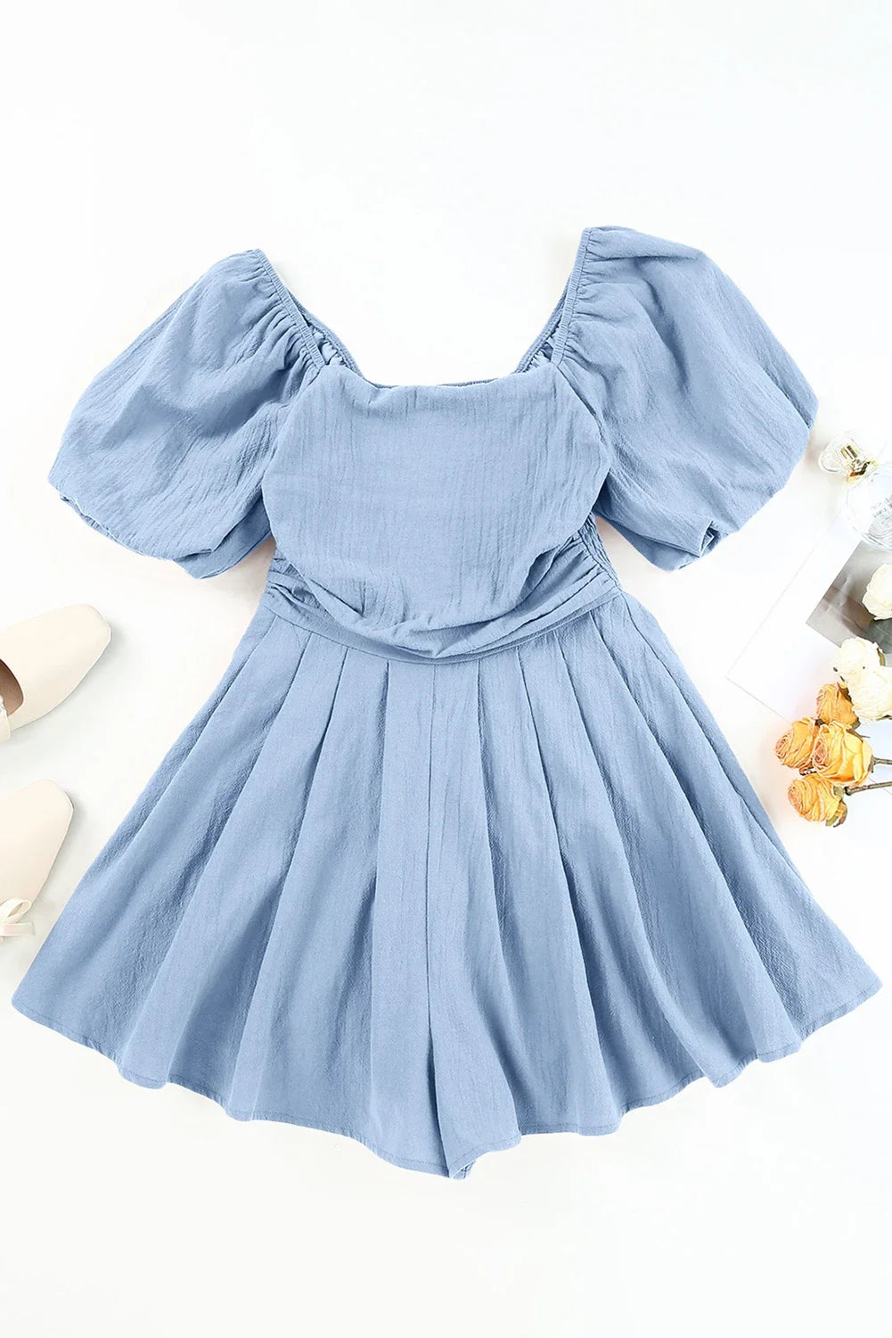 Solid Square Neck Ruched Puff Sleeve Romper
