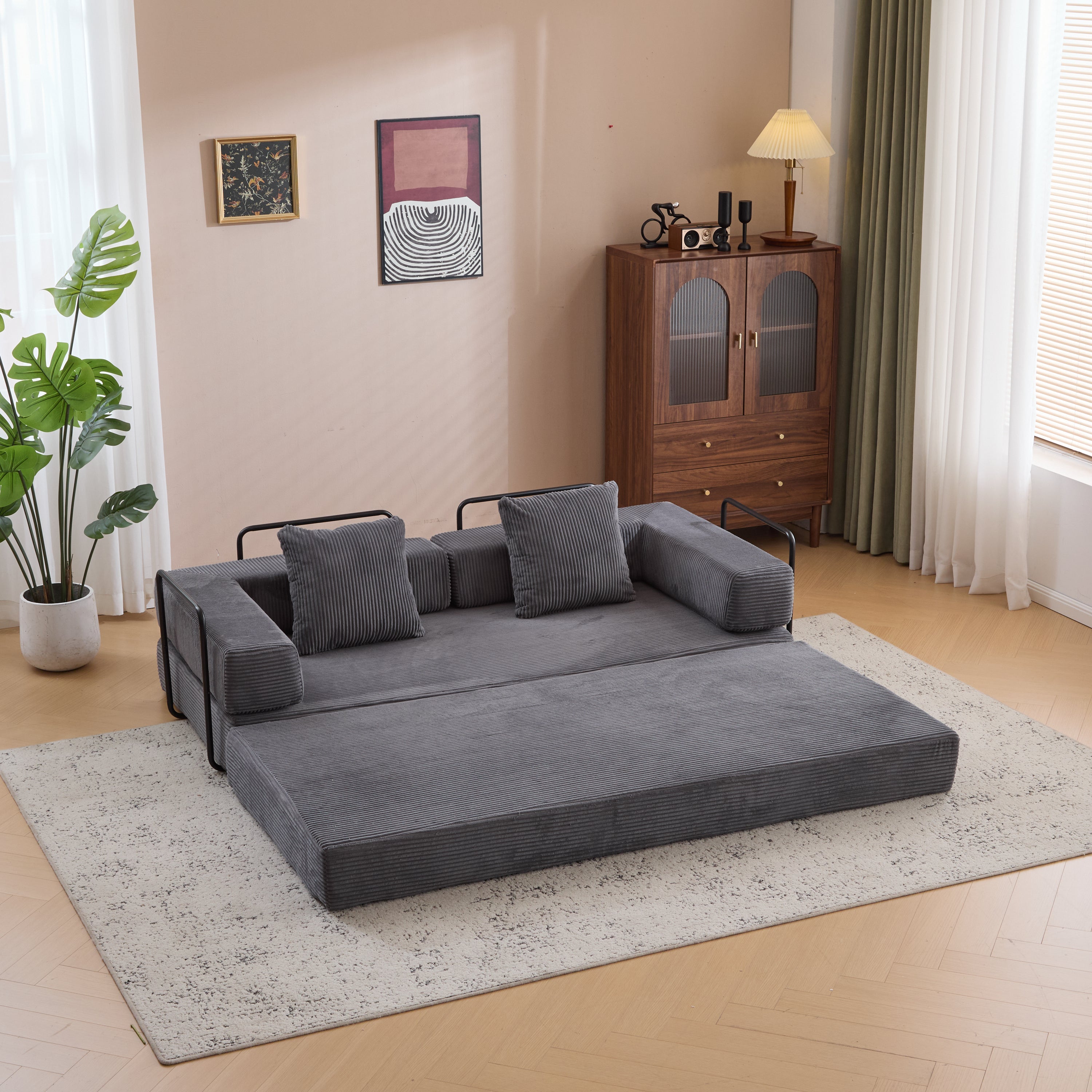 Floor Couch,Compression Sofa,Convertible Floor Sofa Bed-with Pillow Back Support Armrest,Comfy Futon Couch Lounge Sleeper Bed,Corduroy Fabric,for Living Room Bedroom (dark grey)