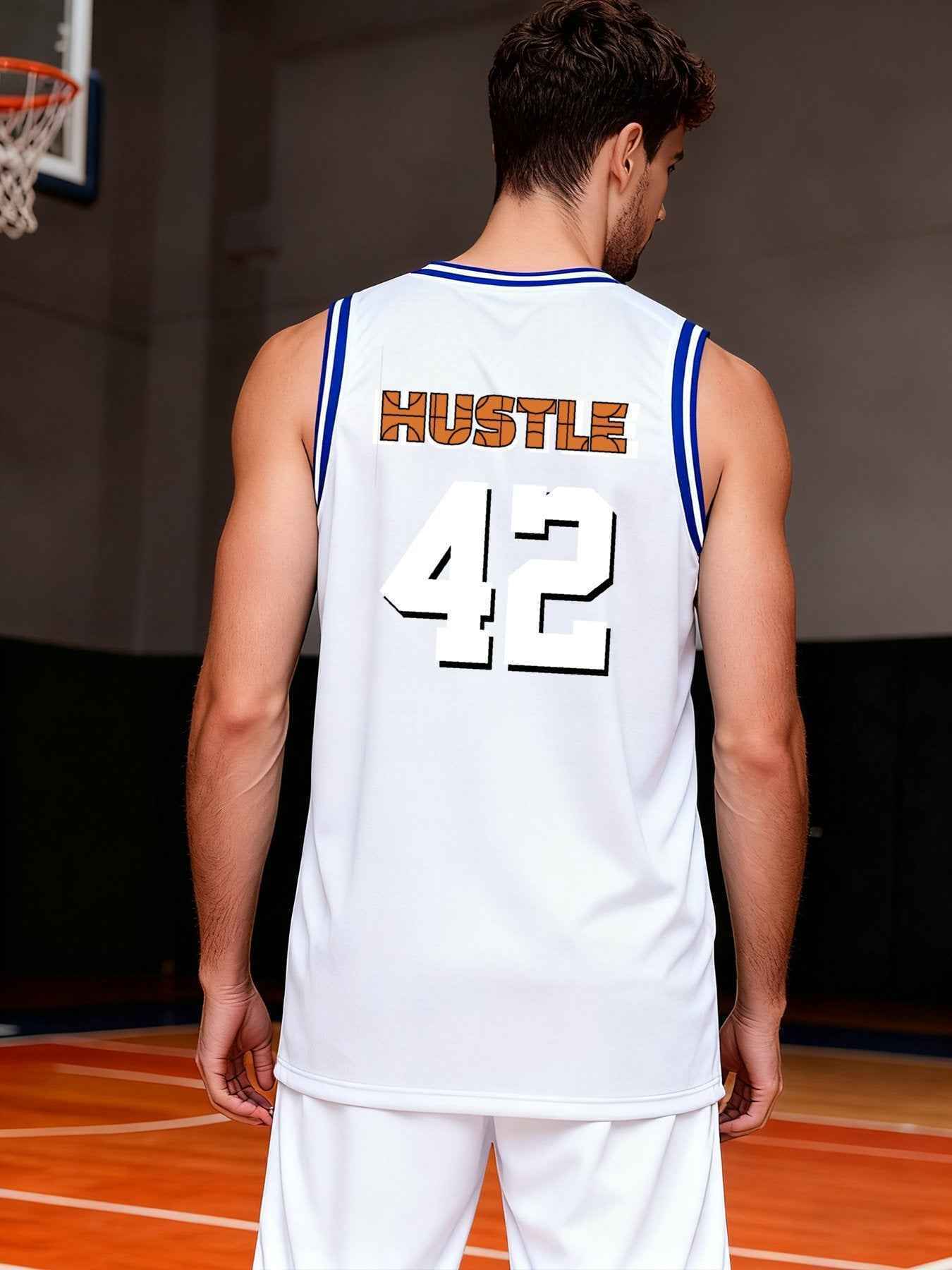 Hustle 42 Adult White with Blue Trim Basketball Jersey | Ships From USA