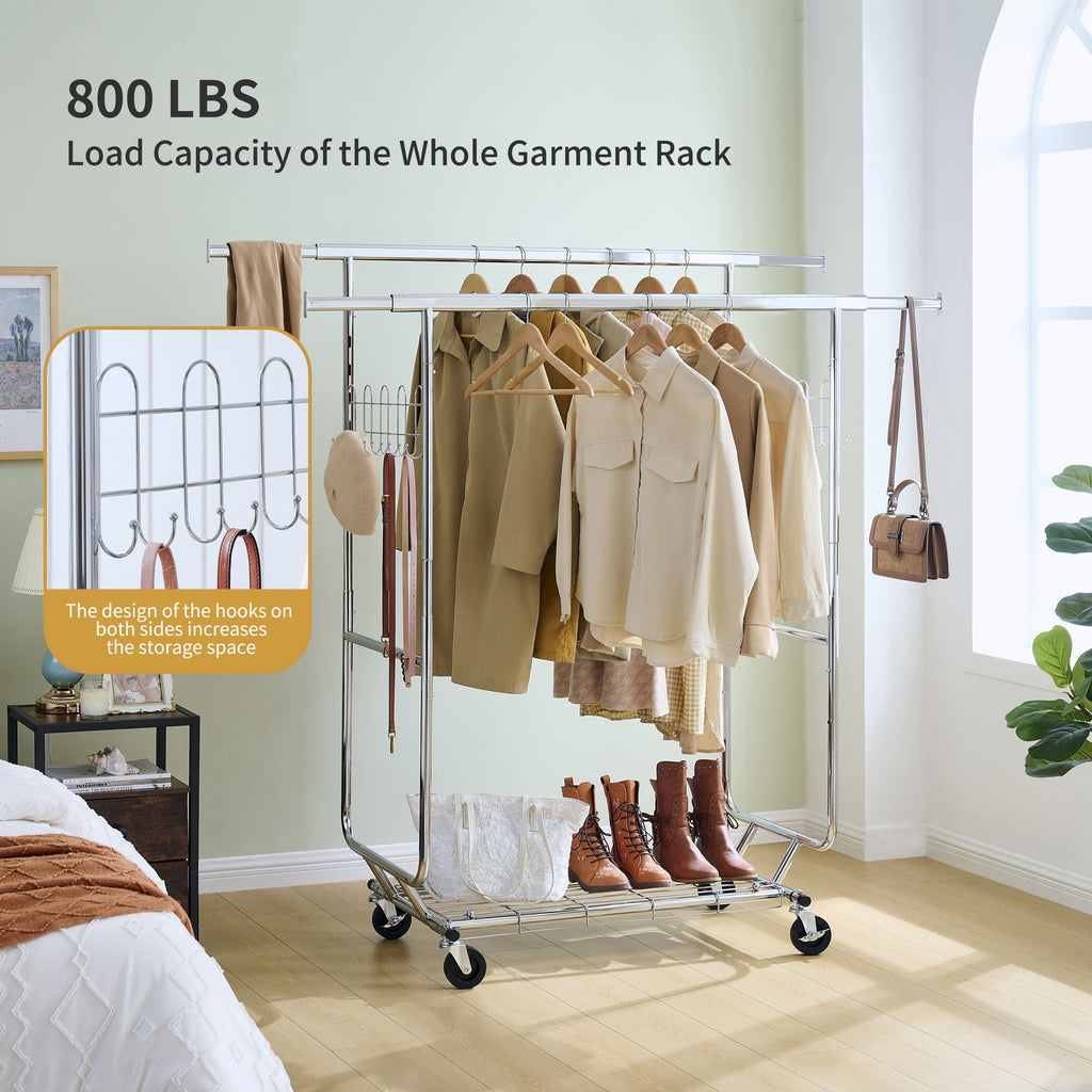 Heavy Duty Double Clothing Garment Rack With Shelves - Silver