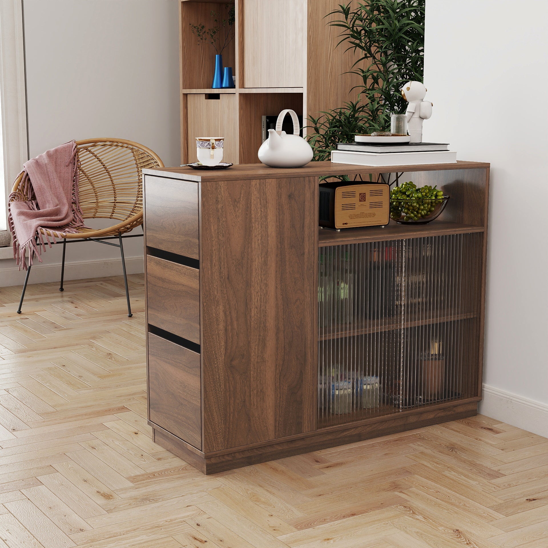 Kitchen Sideboard, Small  Countertop Organizer, Tabletop Cabinet with 2 Glass Sliding Door,3 Side Drawers & 1 small display shelves, Counter Cabinet for Kitchen, Living Room, Dinning Area