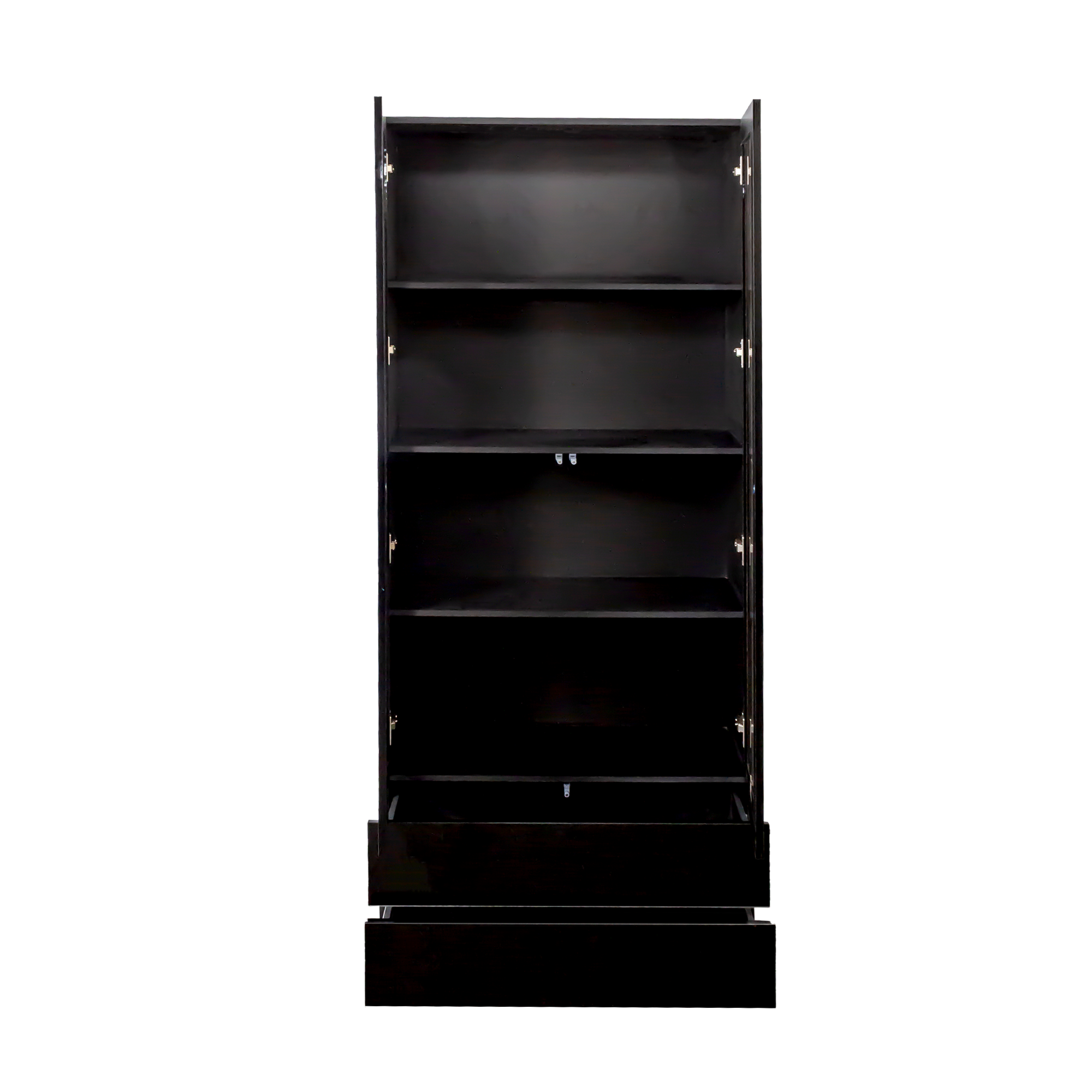 Display Cabinet with Glass Doors, Curio Storage Cabinet with 2-Drawer, Bookcase with LED Lights, Black
