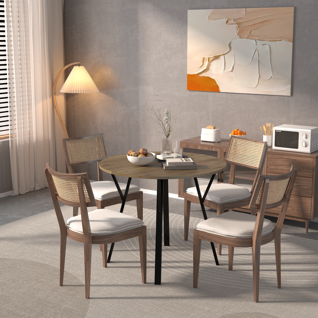 35.43 Inch Round Dining Table, Small Circle Kitchen Table with Metal Black Legs for 2-4 people,Modern Dining Room Table, Brown (only table)