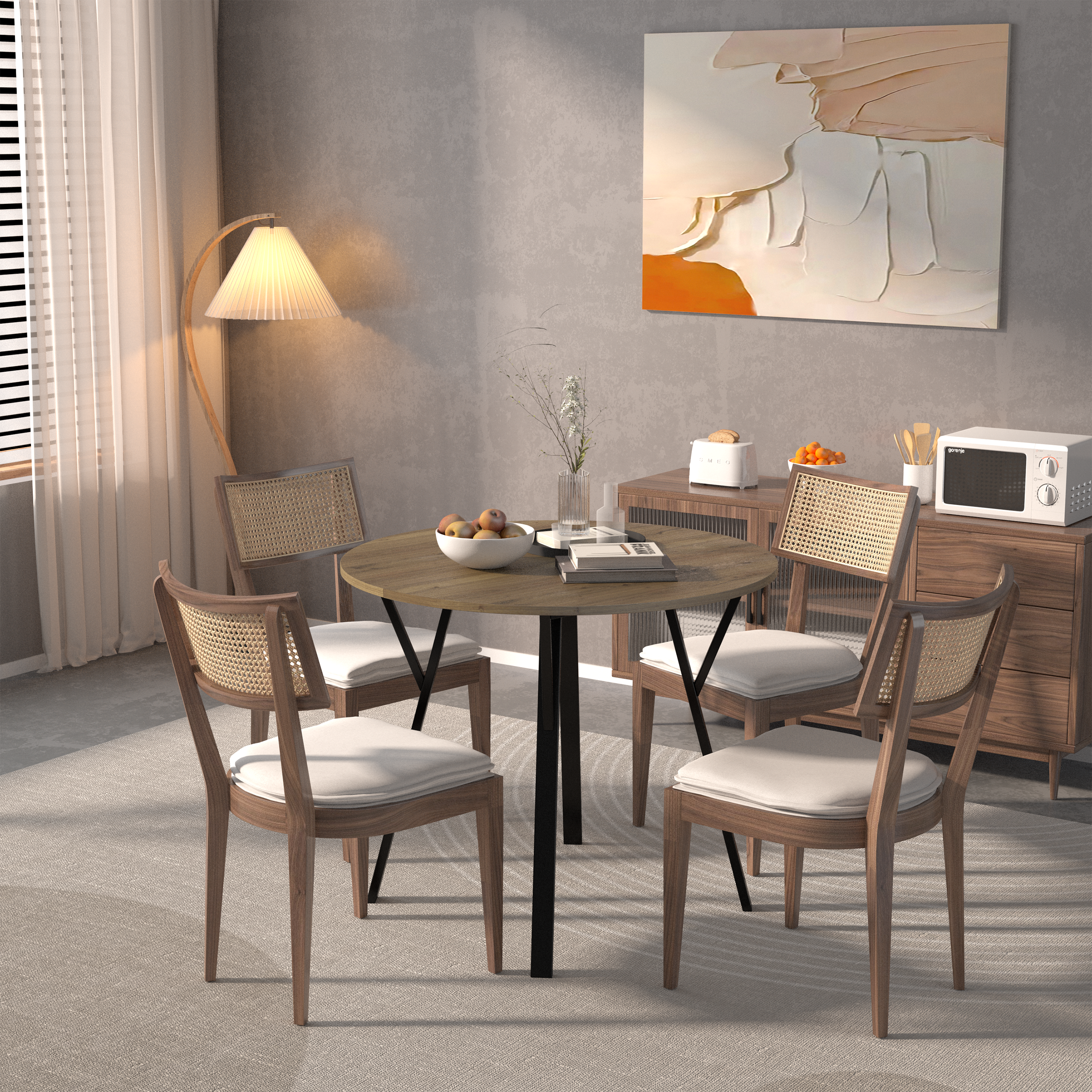 35.43 Inch Round Dining Table, Small Circle Kitchen Table with Metal Black Legs for 2-4 people,Modern Dining Room Table, Brown (only table)