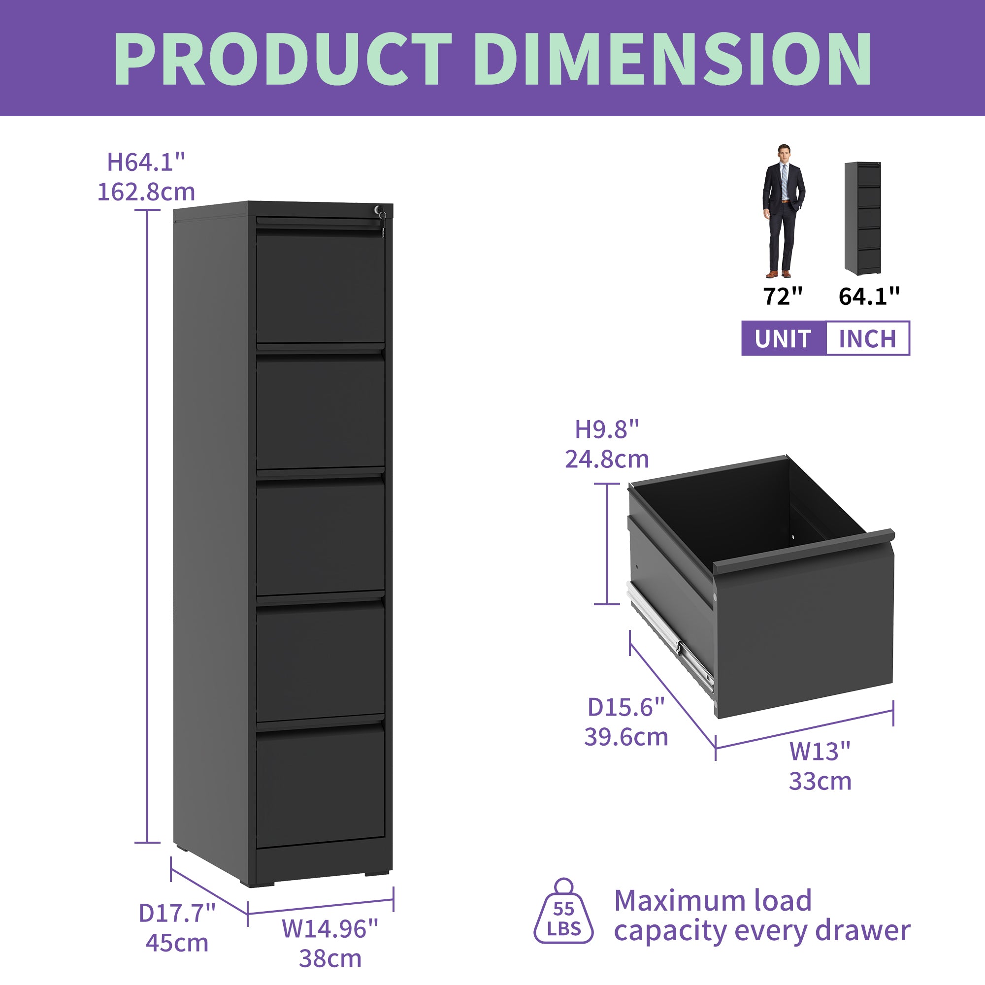 SteelCraft Pro 5 Drawer Metal Vertical File Cabinet with Lock, Black, Steel, 64.17 inches