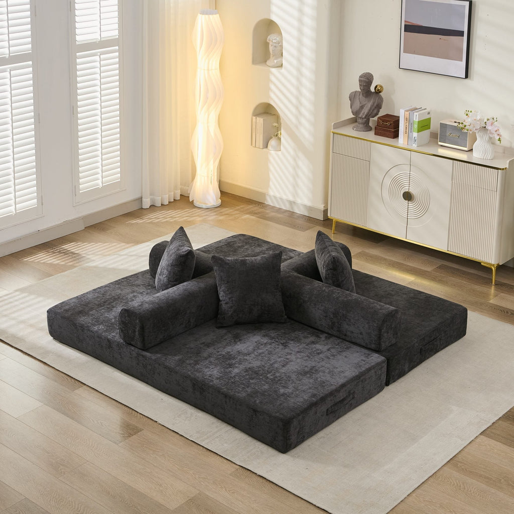 Comfy Convertible Folding Mattress Couch, Floor Sofa Bed, Chenille Floor Sofa with Armrest, Floor Sofa Lounge Couch for Living Room Bedroom Lounge Studio-Black
