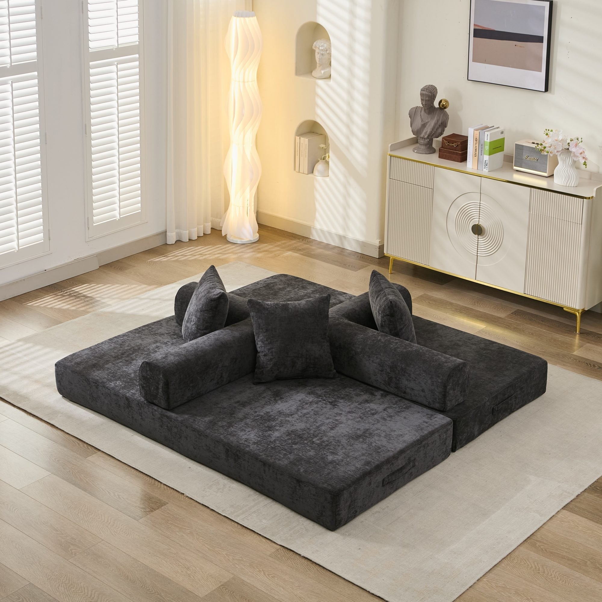Comfy Convertible Folding Mattress Couch, Floor Sofa Bed, Chenille Floor Sofa with Armrest, Floor Sofa Lounge Couch for Living Room Bedroom Lounge Studio-Black