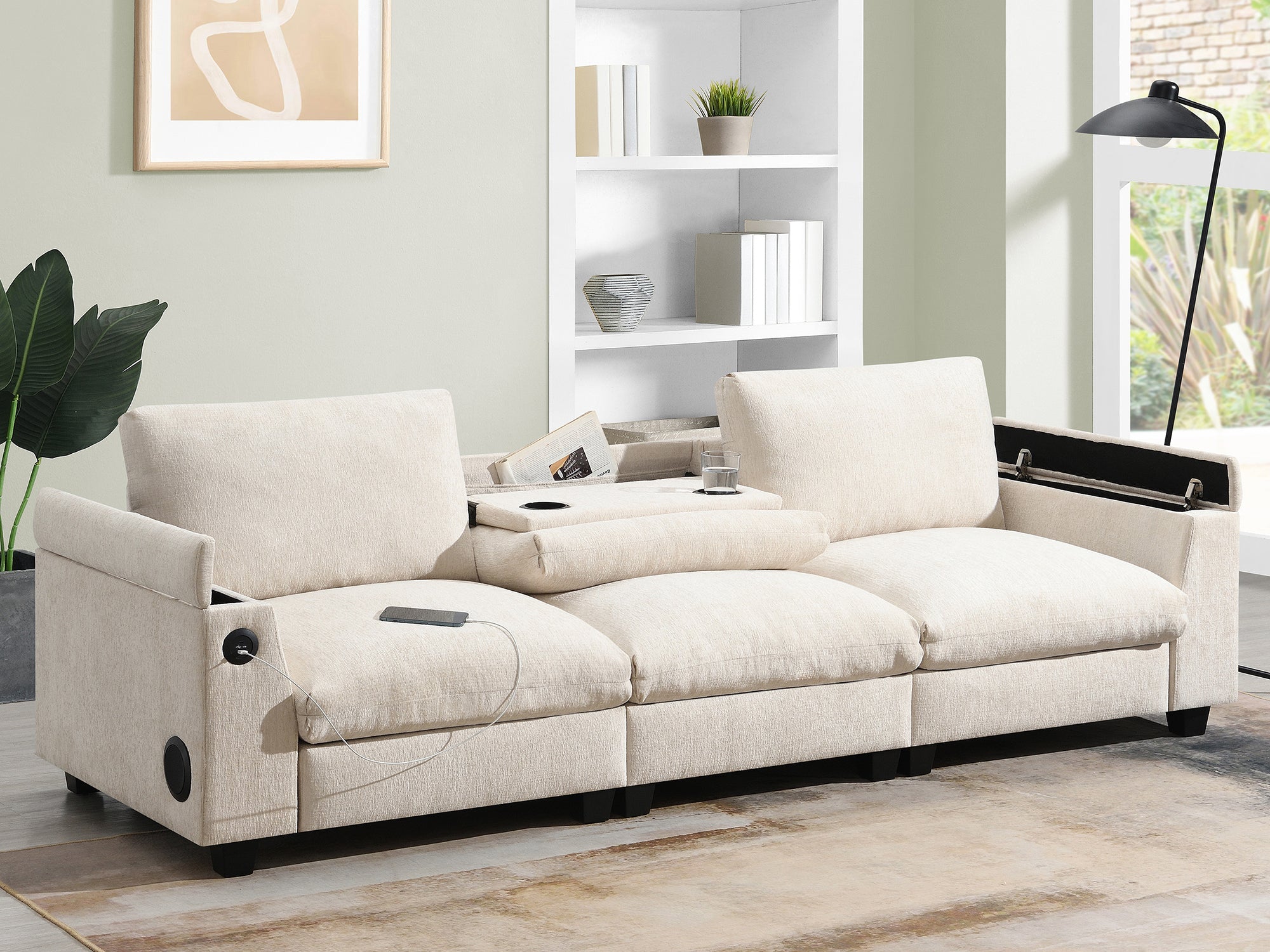 Chenille Sectional Sofa with Bluetooth Speaker, Comfy Cloud Couch Set with Drop Down Table, Cup Holders, USB Charger, Storage Armrest, Wide Seat, 96*35''