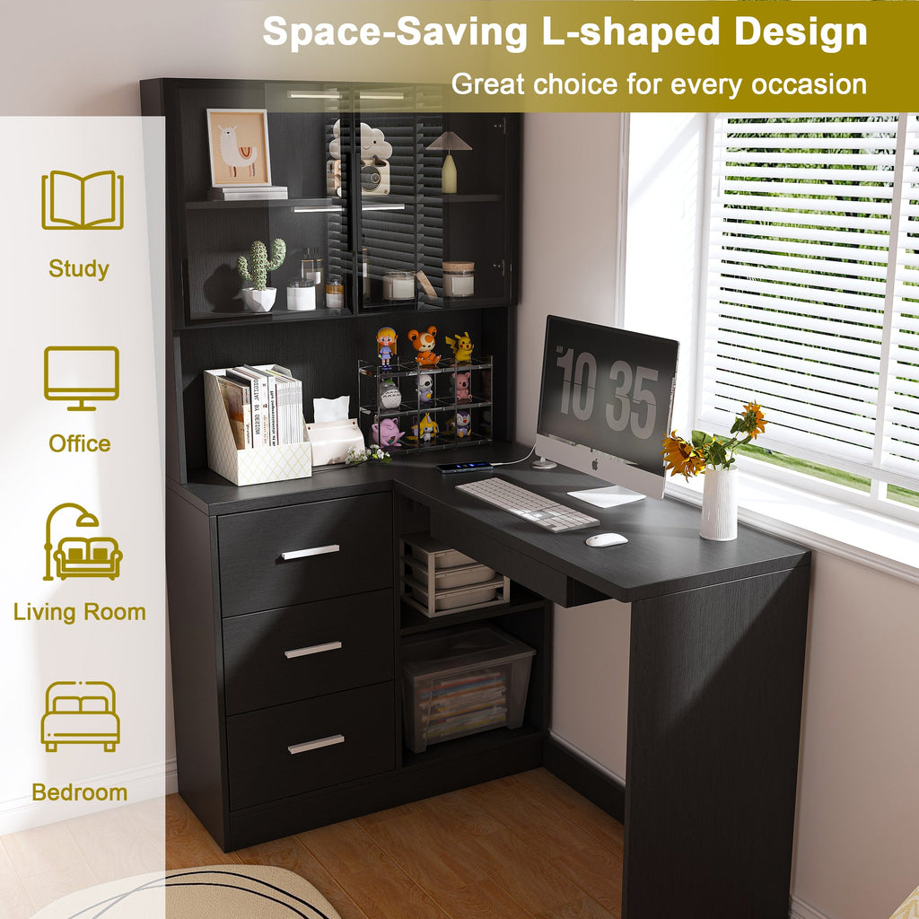 Black L-Shaped Computer Desk with Glass Cabinets, Built-In LED Lights, USB Charging Ports, and Keyboard Tray - Ergonomic Office Furniture for Home and Corporate Workspaces