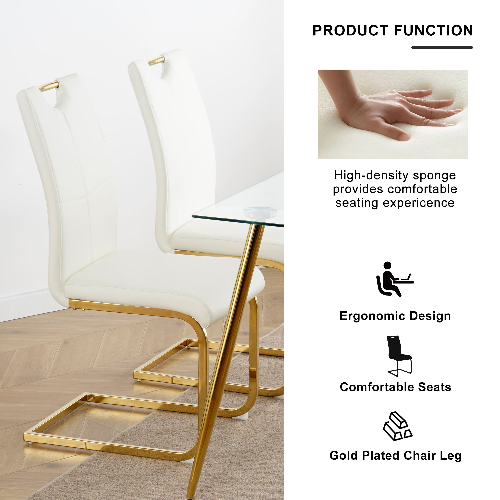 Modern style glass dining table, elegant transparent design, sturdy stainless steel base, White dining chair set, with gold-plated chair legs, suitable for dining room and kitchen (set of 7)