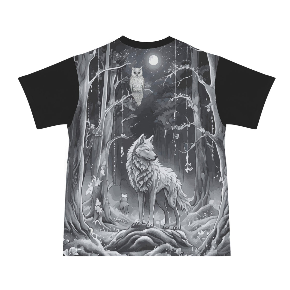 Men's Wolf in Moonlit Forest All Over Print Ribbed Collar T-Shirt
