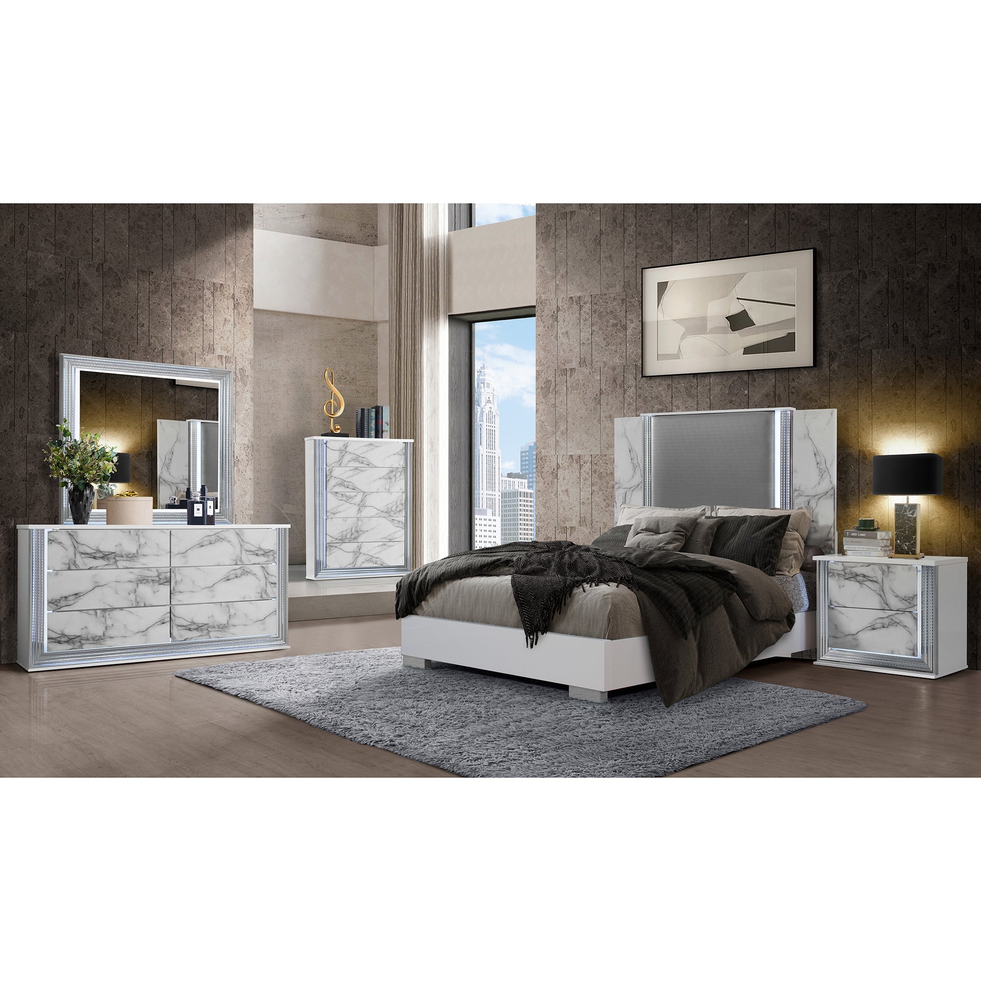 Modern MOON White Marble King 5PC Bedroom Set with LED Lighting and Solid Wood