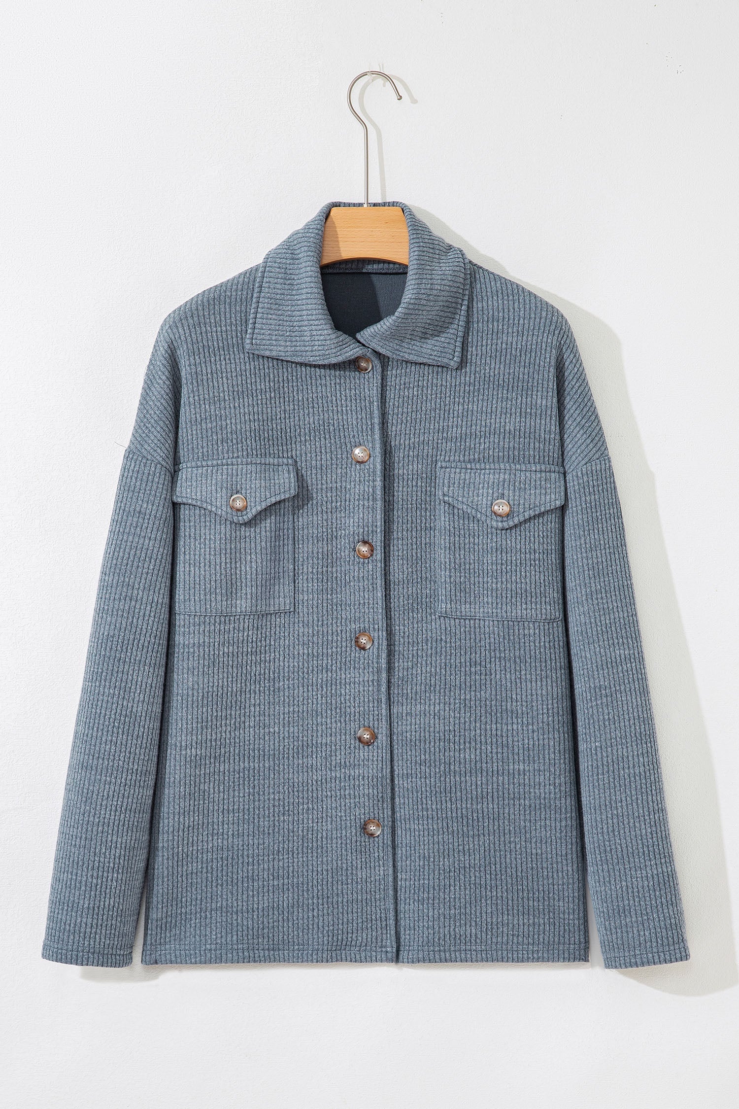 Ribbed Knit Flap Pocket Button-Up Shacket
