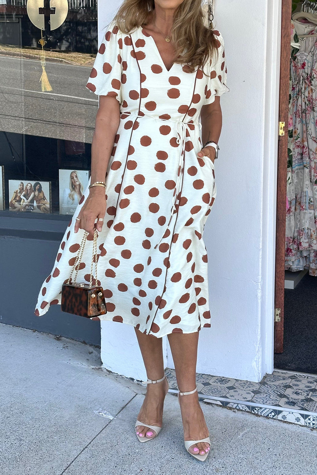 Polka Dot V-Neck Short Sleeve Midi Dress