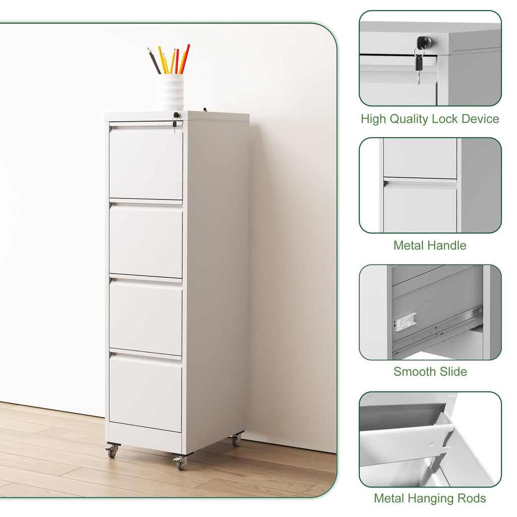 4 Drawer Metal Locking Vertical File Cabinet with Wheels - Heavy-Duty Lockable Storage for Home & Office, Black and White, 17.71'D x 15.16'W x 52.28'H