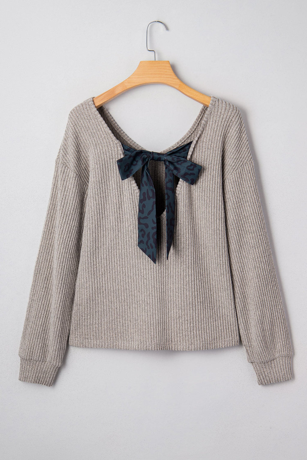 Bow Tie Back Ribbed Long Sleeve V-Neck Top