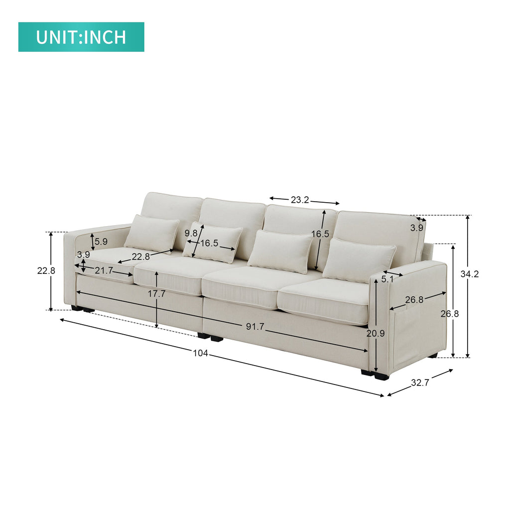 [VIDEO provided] [New] 104' 4-Seater Modern Linen Fabric Sofa with Armrest Pockets and 4 Pillows,Minimalist Style Couch for Living Room, Apartment, Office,3 Colors