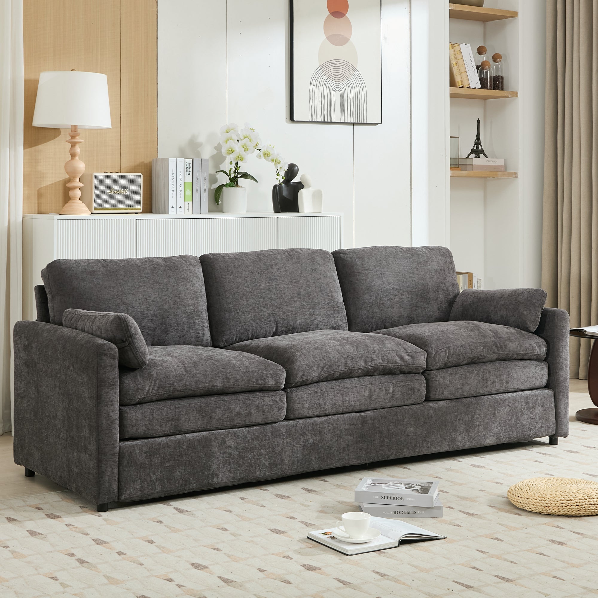 Cozy Upholstered Oversized 3-Seater Cloud Sofa with Double Cushion in Grey Chenille