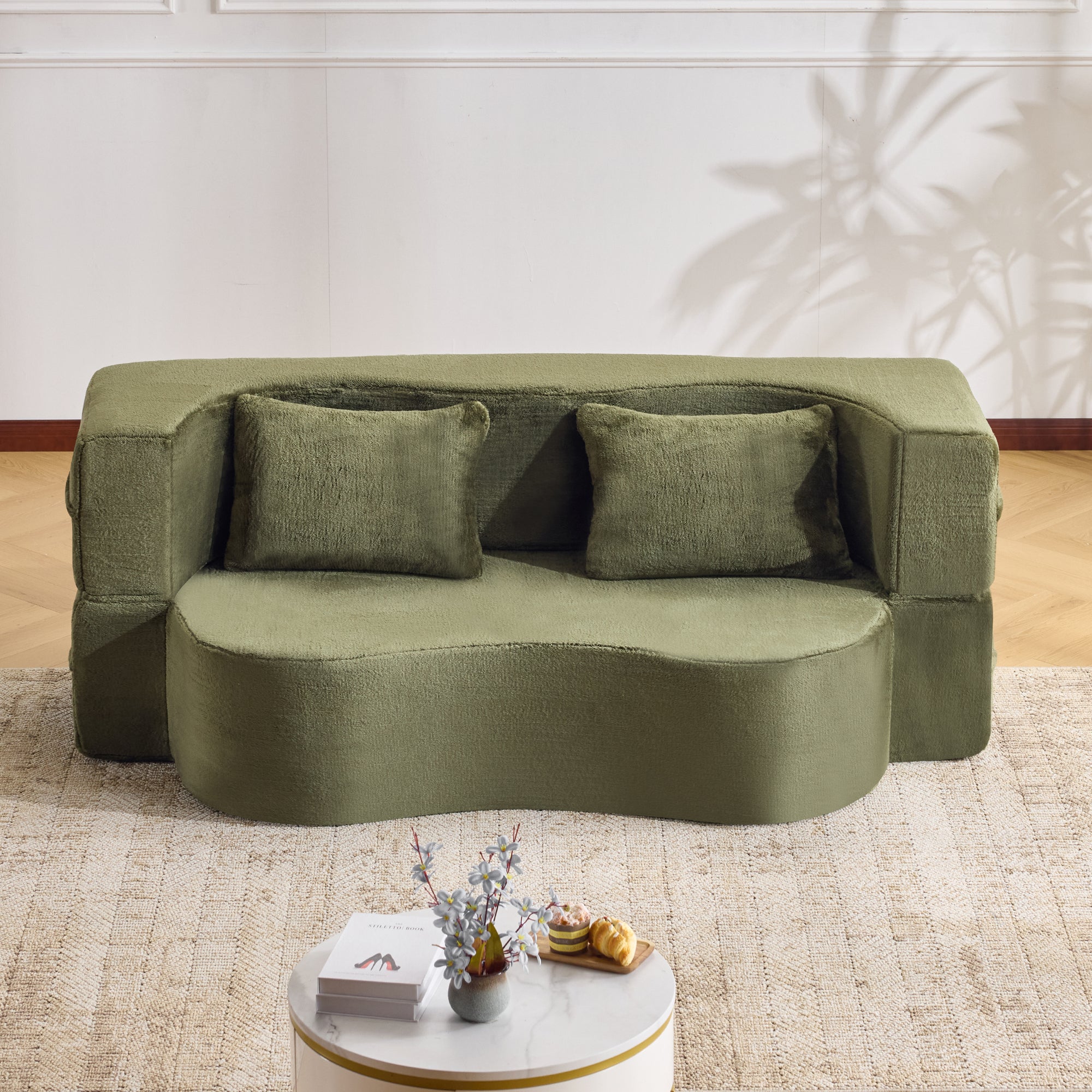 71-inch folding sofa bed, plush futon sofa bed, high-density foam convertible sofa bed, folding floor sofa bed for living room, guest room, bedroom, green