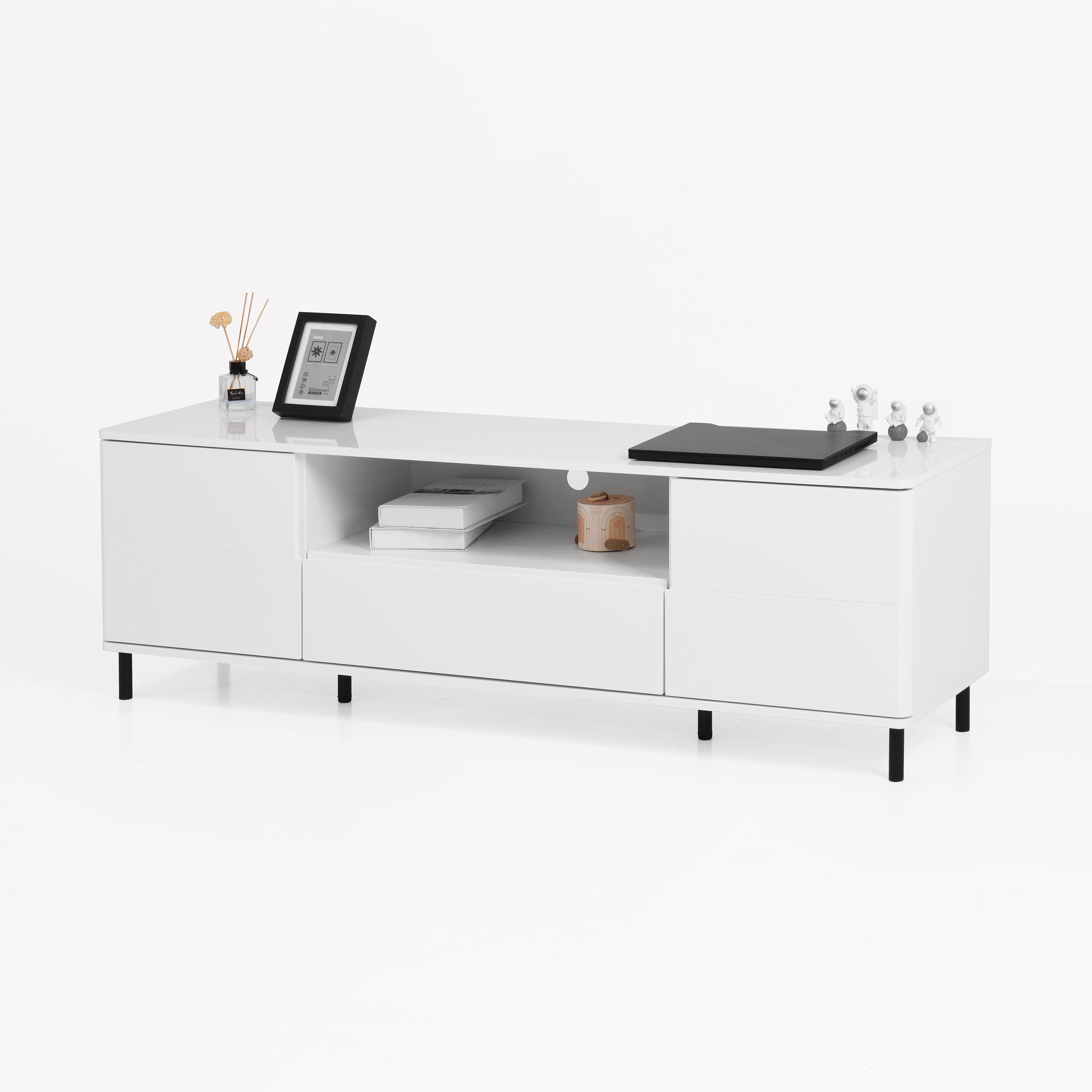 High Gloss Panel Modern TV Console, TV Stand, Entertainment Center with Storage Shelves,TV Cabinet for Living Room, Bedroom, Cloud White 63x15.74x19.68 inch