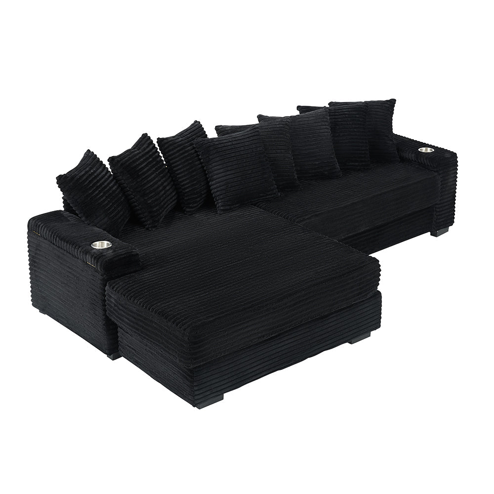 111.4 ' Black corduroy sofa, armrest with cup holder and storage function, recliner can be changed left and right, suitable for living room bedroom lounge area