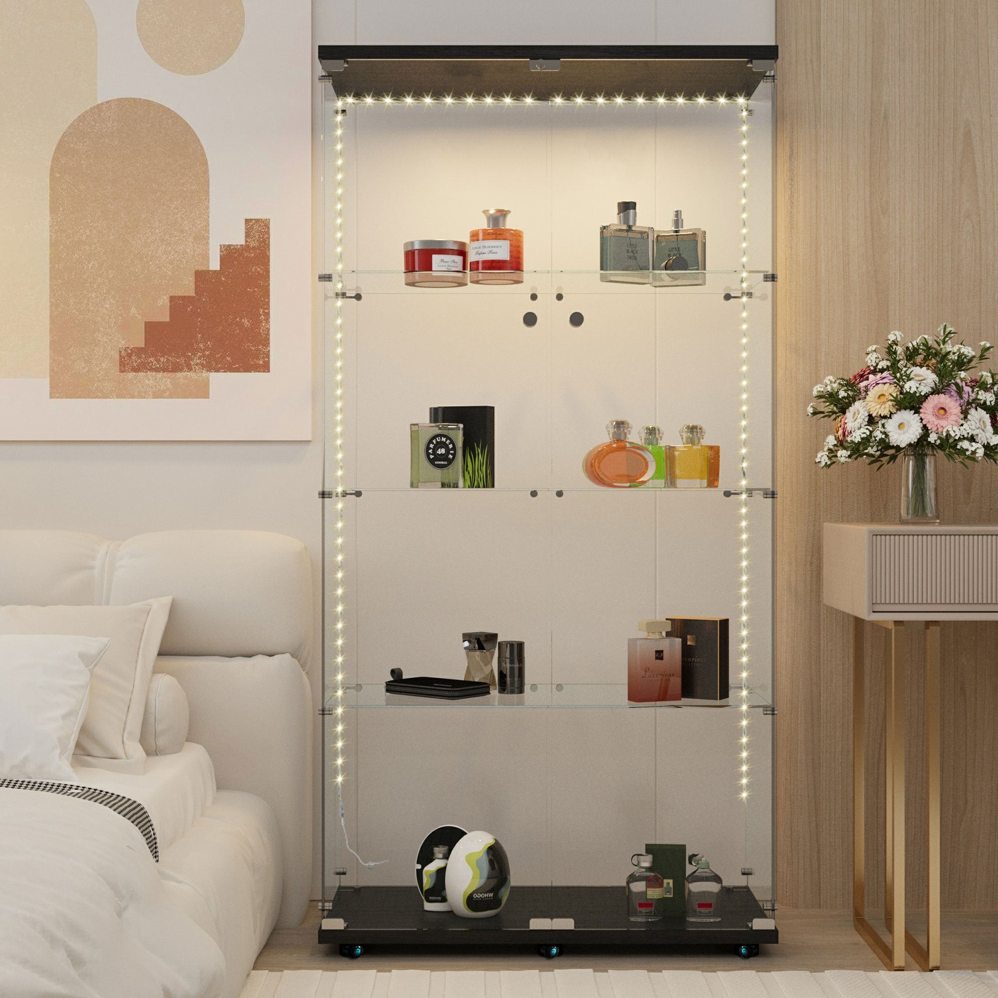 Tempered glass display cabinet, wine cabinet,storage cabinet,file cabinet,with Bluetooth LED light strip,lock on the door,equipped with cast,easy to move,for living room, bedroom,hallway,Office,black