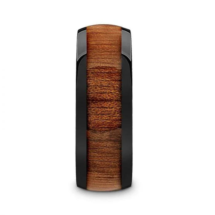 MABINI Black Ceramic Mahogany Wood Inlaid Men’s Domed Wedding Band with Polished Finish - 8mm