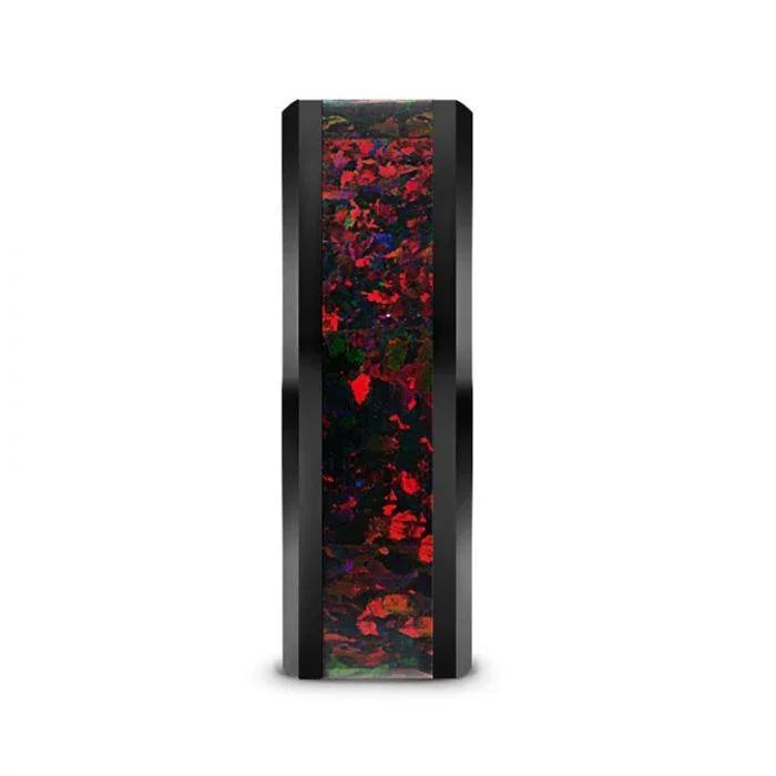 MATRIX Black Ceramic Polished Beveled Edges Men’s Wedding Band with Black Opal Inlay - 8mm