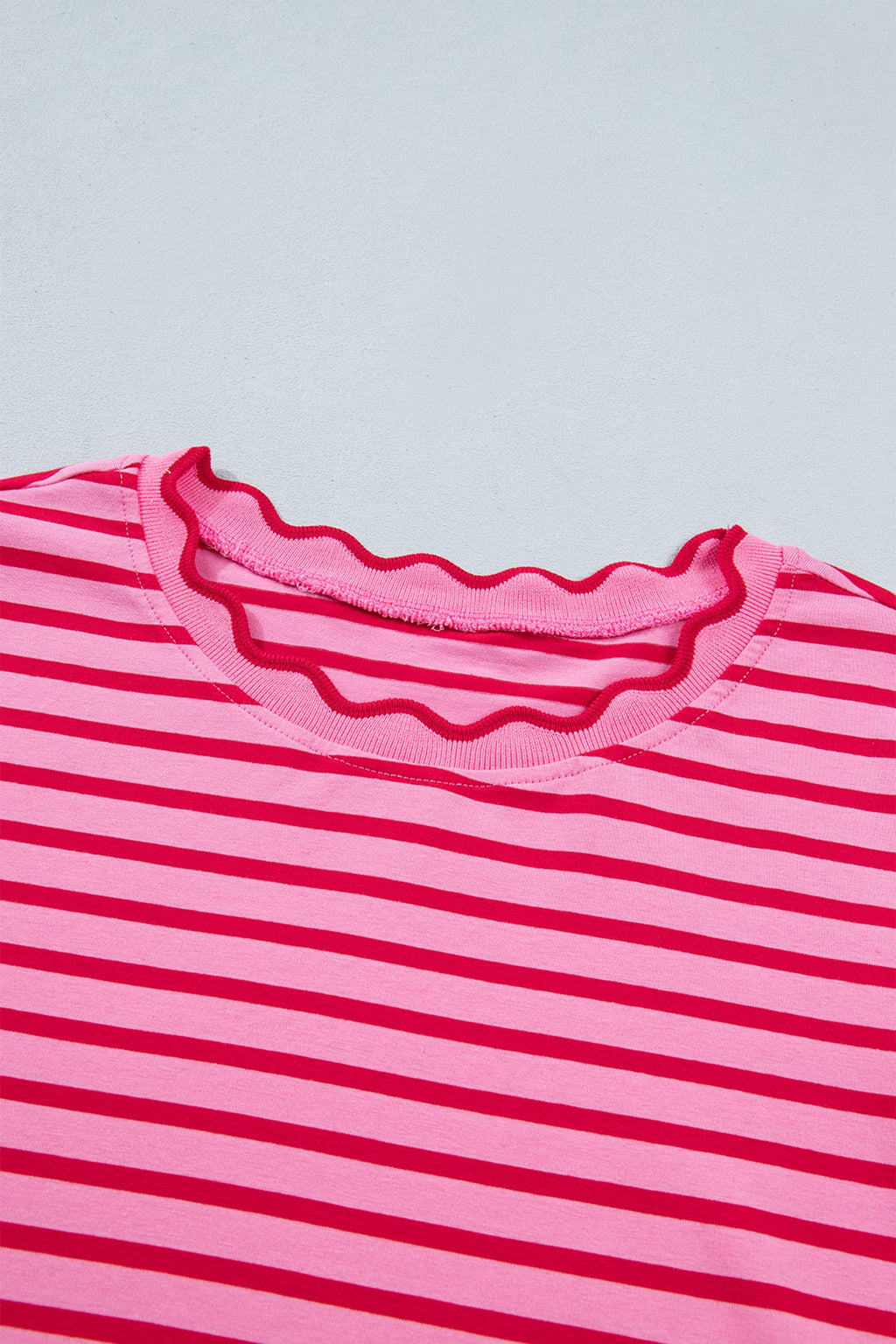 Stripe Scallop Trim Round Neck T-Shirt